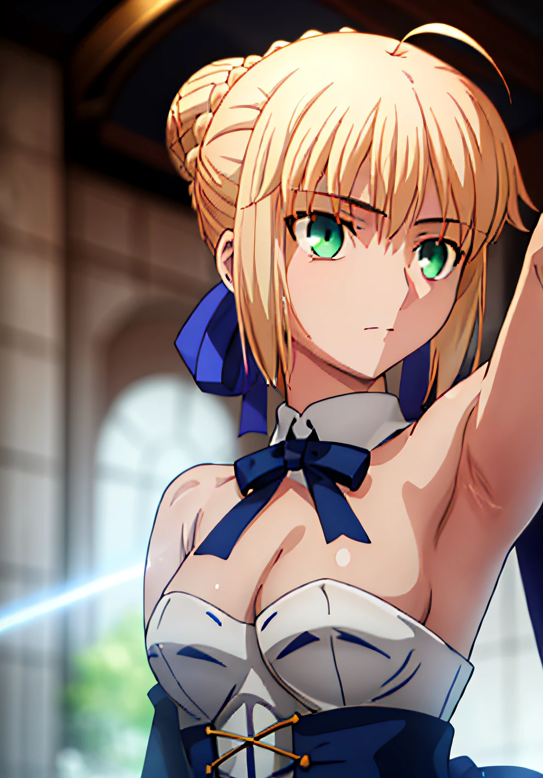 Altas Resoluciones, {saber_fenestaynightufotable:1.15}, rubio_cabello, Ahoge, verde_ojos, cinta, cabello_cinta, trenza, azul_cinta, corto_cabello, anime_colorante, Looking_en_espectador, cabello_entre_ojos, La mejor calidad, Obra maestra,phSaber, phAltoria, 1girl, solamente, Trenza francesa, resplandeciente, tenencia, Hair bun, Parte superior del cuerpo,saber, artoria, green eyes, house, bath, bathing, breasts, armpits, desnudo, nude
