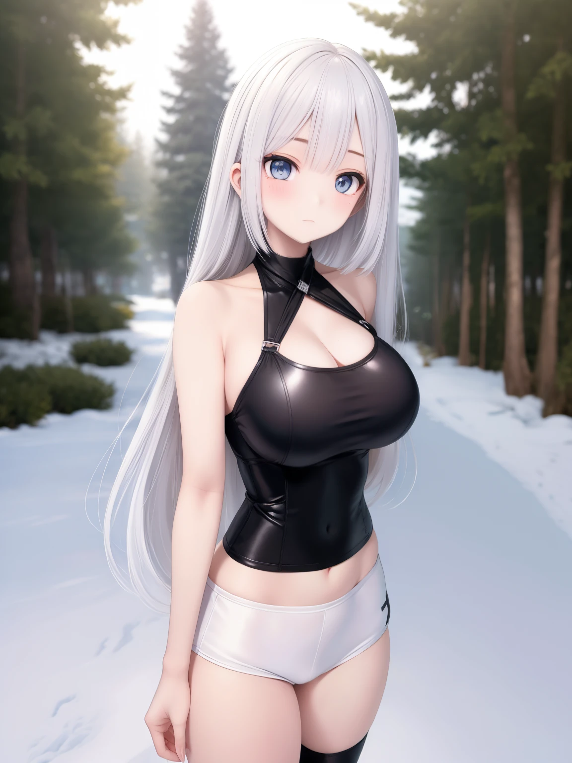 big breasts beautiful, Young woman, In the crystal and ice zone, drifting snow, White hours, Gradient hair, White hair, white hairs, long hair, eyes reflection, disdain, Ray traching, reflective light, blurry, Glowing light, depth of fields, lightand shade contrast, stereograms, zoom layer, cowboy lens, f/2.8, Bokeh, tmasterpiece, best qualtiy, high qulity, k hd,upper body