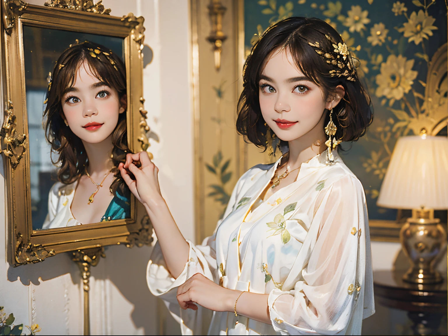 121
(a 20 yo woman,is standing), (A hyper-realistic), (high-level image quality), ((beautiful hairstyle 46)), ((short-hair)), (Gentle smile), (brest:1.1), (lipsticks), (florals), (Luxurious room), (Depth of field is deep), (Escher&#39;s mysterious paintings)