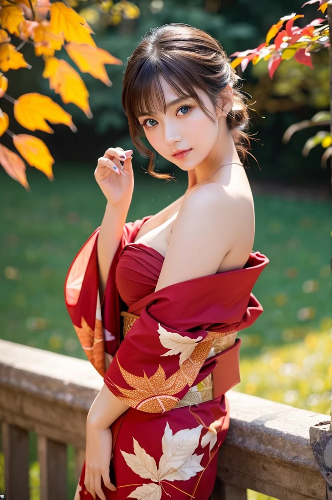 (masutepiece:1.3, Photorealsitic:1.4, 8K), top-quality, masterpiece, 超A high resolution, Professional camera work, Grow Light Effect, Realistic portrait, Cinematic Light, Highly detailed skin and facial texture:1.3, Perfect dynamic composition, The ultra-detailliert, A detailed eye, Detailed limbs, autumnal, Autumn leaves landscape in the evening:1.25, 1girl in, Cute sexy 23 year old slim woman, Fair skin, Autumn leaves are dancing:1.25, (Enraptured look:0.9, Totally captivates you:1.0), (Red kimono:1.31 off shoulder), (Backshots, Calm pose), (voluptuous breasts:0.9), (Beautiful blue eyes, Eyes that feel beautiful eros:0.85), Sexy face:0.4, (A mouthfeel that feels beautiful eros:0.85), ((Too cute beauty:0.9))