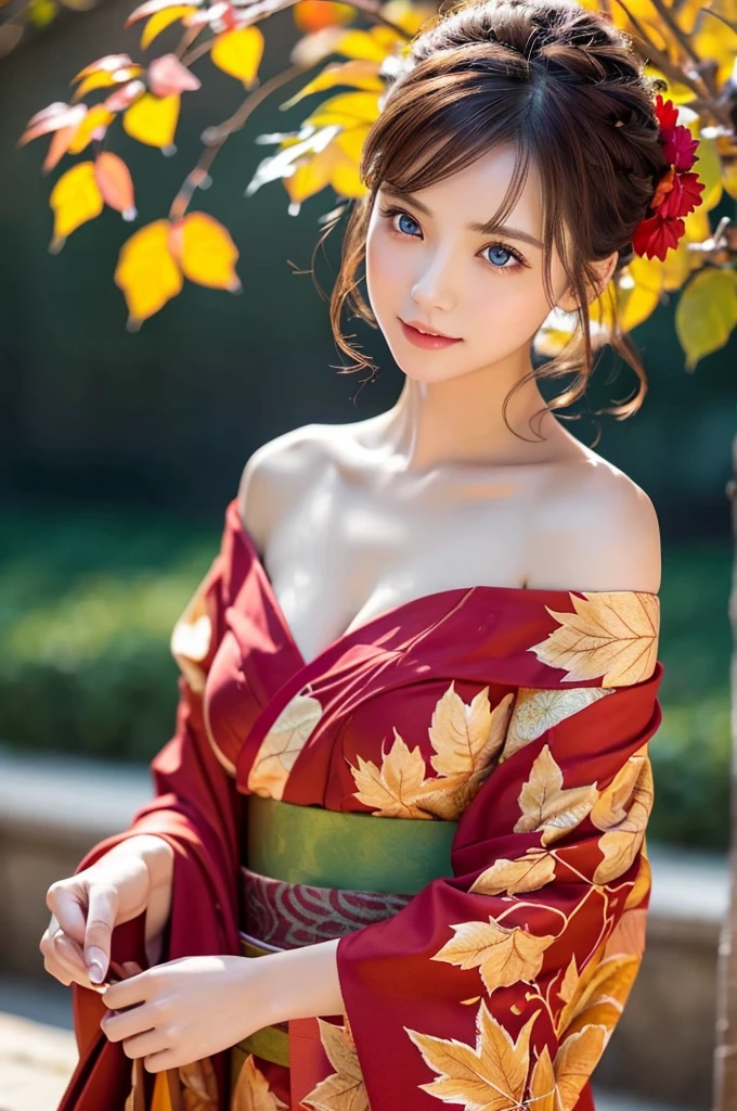 (masutepiece:1.3, Photorealsitic:1.4, 8K), top-quality, ​masterpiece, 超A high resolution, Professional camera work, Grow Light Effect, Realistic portrait, Cinematic Light, Highly detailed skin and facial texture:1.3, Perfect dynamic composition, The ultra-detailliert, A detailed eye, Detailed limbs, autumnal, Autumn leaves landscape in the evening:1.25, 1girl in, Cute sexy 23 year old slim woman, Fair skin, Autumn leaves are dancing:1.25, (Enraptured look:0.9, Totally captivates you:1.0), (Red kimono:1.31 Only shoulders and scapula exposed), (Backshots, Calm pose), (voluptuous breasts:0.9), (Beautiful blue eyes, Eyes that feel beautiful eros:0.85), Sexy face:0.4, (A mouthfeel that feels beautiful eros:0.85), ((Too cute beauty:0.9))