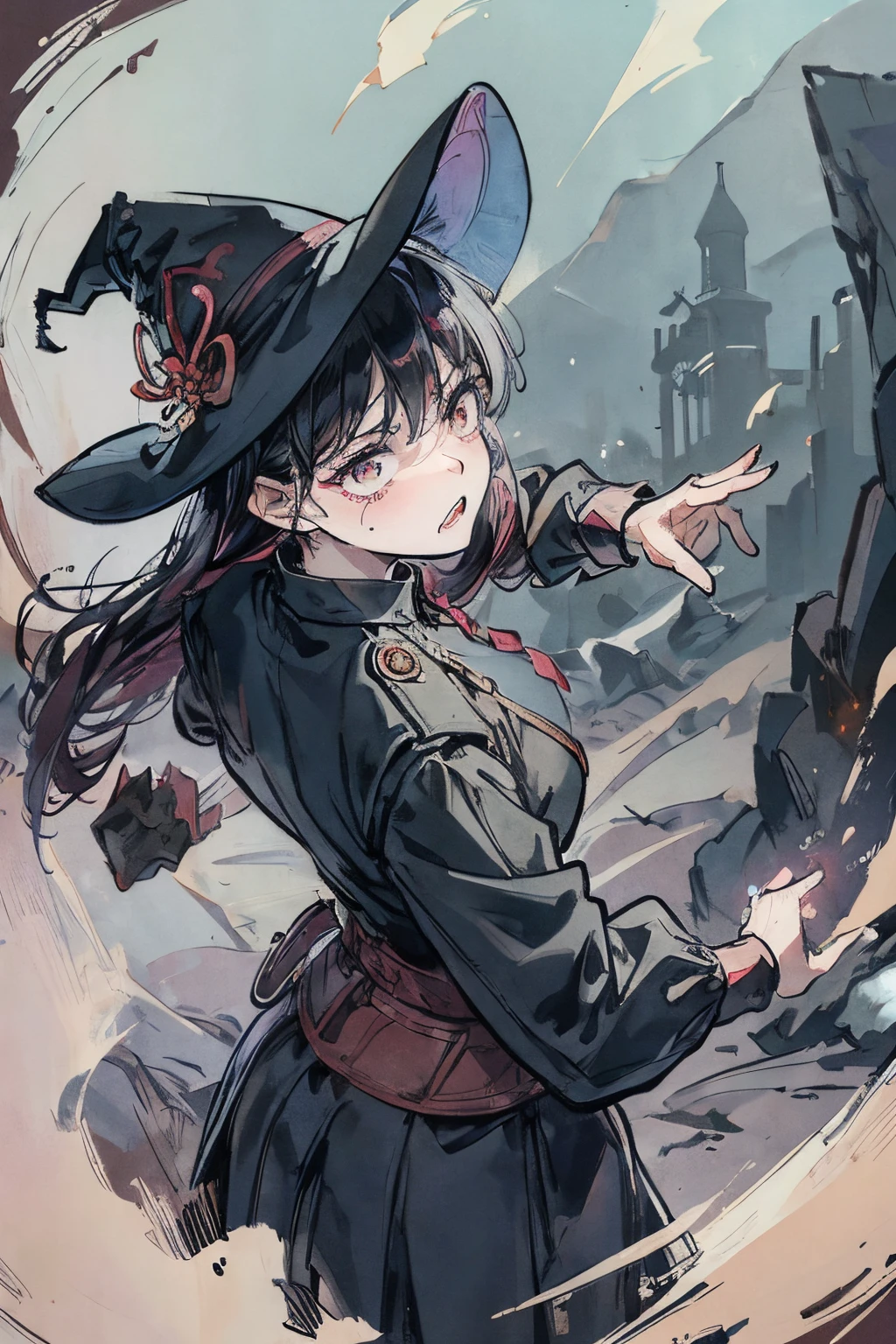 2girls，Prison Guard，lesbian，intimacy，brightcolors，Extreme color，Refined face，Magic background，Witch hat，uniform，see-through transparent clothes，Conservative style，anger expression，Resistance action，A tense scene，action with tension，Impactful graphics，Fight the enemy together back to back