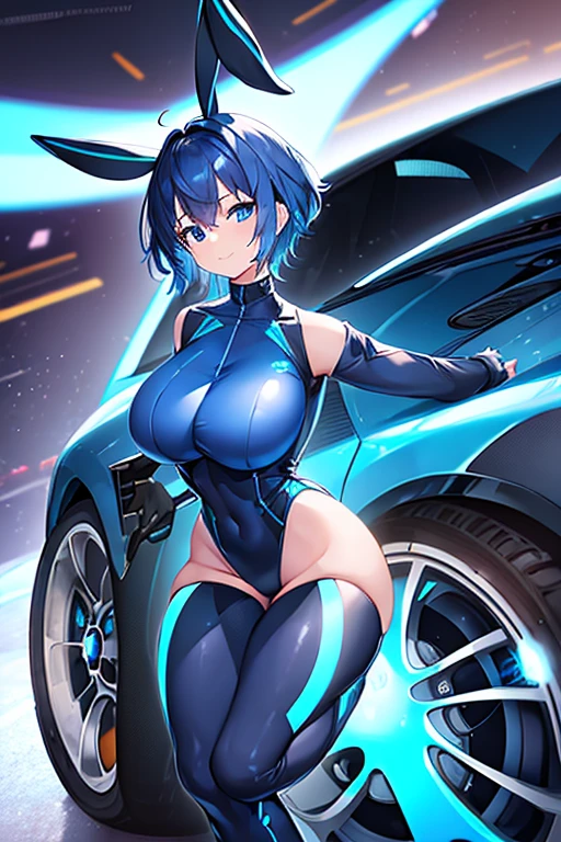 1girl, wide hips, large breasts, wide hips, blue hair, short hair, very short hair, blue eyes, bodysuit, black bodysuit, futuristic, machinery, science-fiction, tech, shoes, sneakers, neon trim, blue neon trim, full body, bunny ears, rabbit ears, light smile, happy, car, sports car