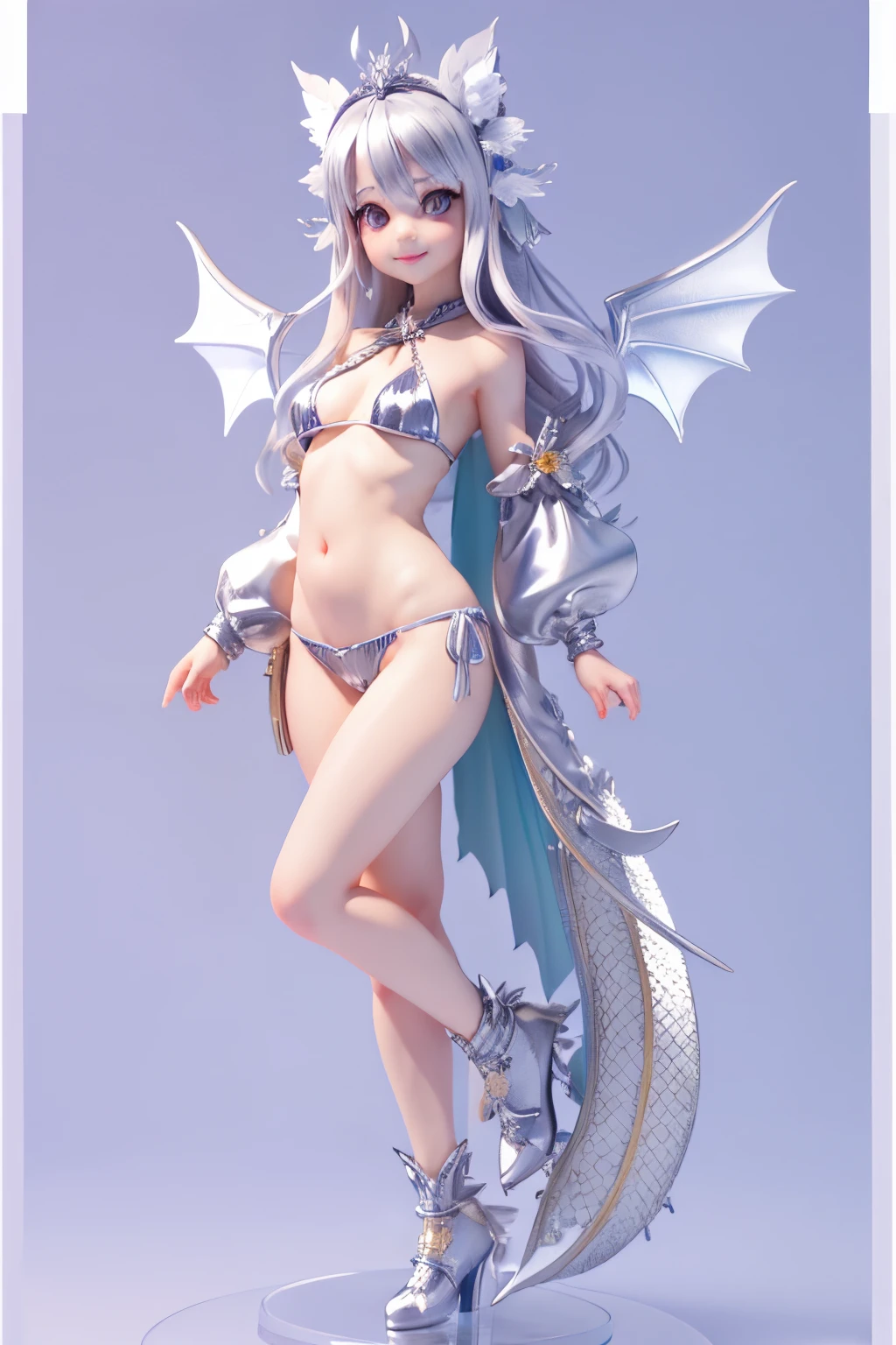 Solo front full body portrait　Three-headed character　kawaii girl　a smile　silber hair　silver dragon wings　silver dragon horn　silver dragon tail　Silver Bikini