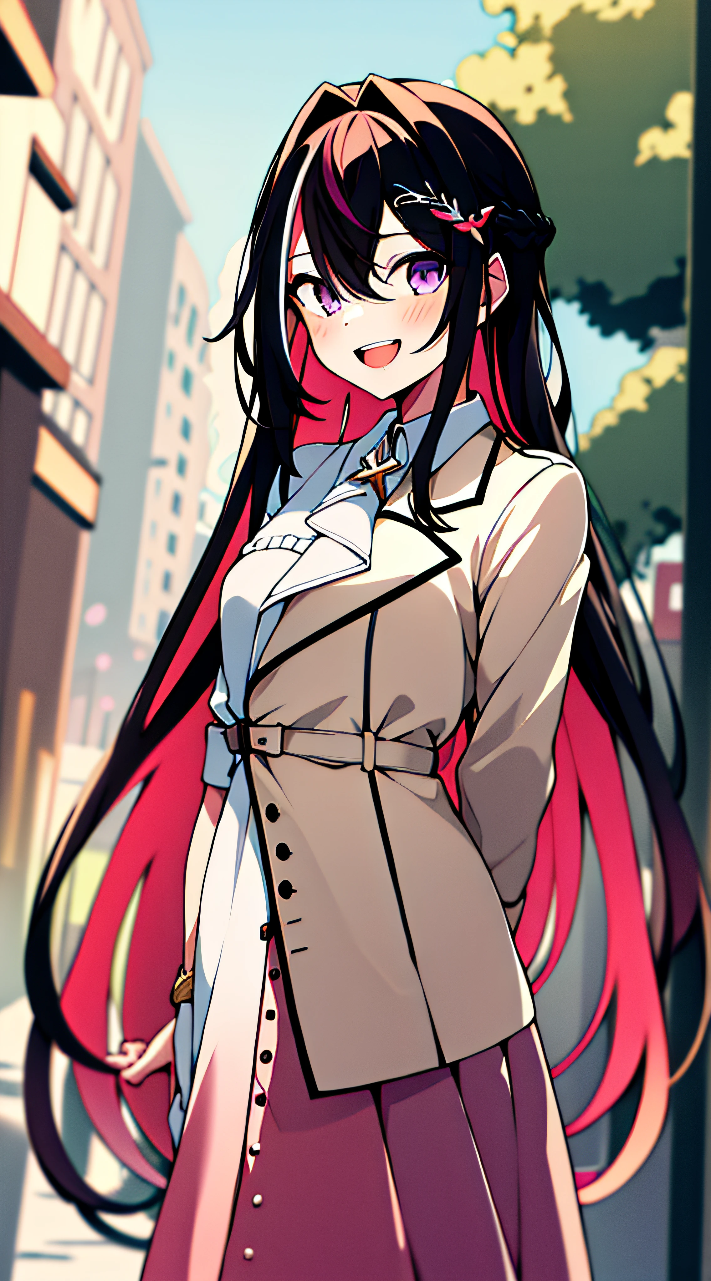 masterpiece, best quality, highres, 1girl, solo, multicolored hair, pink hair, purple eyes, black hair, dress, colored inner hair, hair between eyes, white dress, brown jacket, two-tone hair, jewelry, long sleeves, x hair ornament, bangs, bracelet, very long hair, streaked hair, hairclip, standing, cowboy shot, smile, street, arms behind back, open mouth,