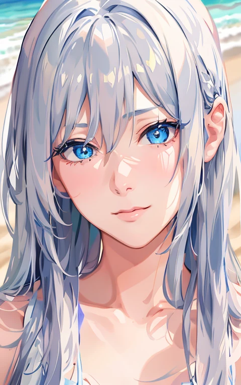 （​masterpiece、Elaborate beautiful eyes：1.2）、（lightblue hair：1.2）、（Zaphyr's eye color：1.1）、short-hair、Kamimei、straight haired、（Black tank top：1.2）、Realistic lighting、beautiful  lighting、Ray traching、Photorealsitic、（hyper realisitic：1.2）、hight resolution、4K、8K、（extremely details CG、8k wallpaper：1.1）、Very elaborate and sharp digital illustrations、the detail、真实感、beautiful countenance、Very elaborate face、A hyper-realistic、​masterpiece、A detailed eye、The ultra-detailliert、Volume Lighting、realistic shadow、intricate detailes、detaile、jolly、a smile、(White cap:1.2))、Silver_a necklace、high-heels、(On the Beach:1.2)、