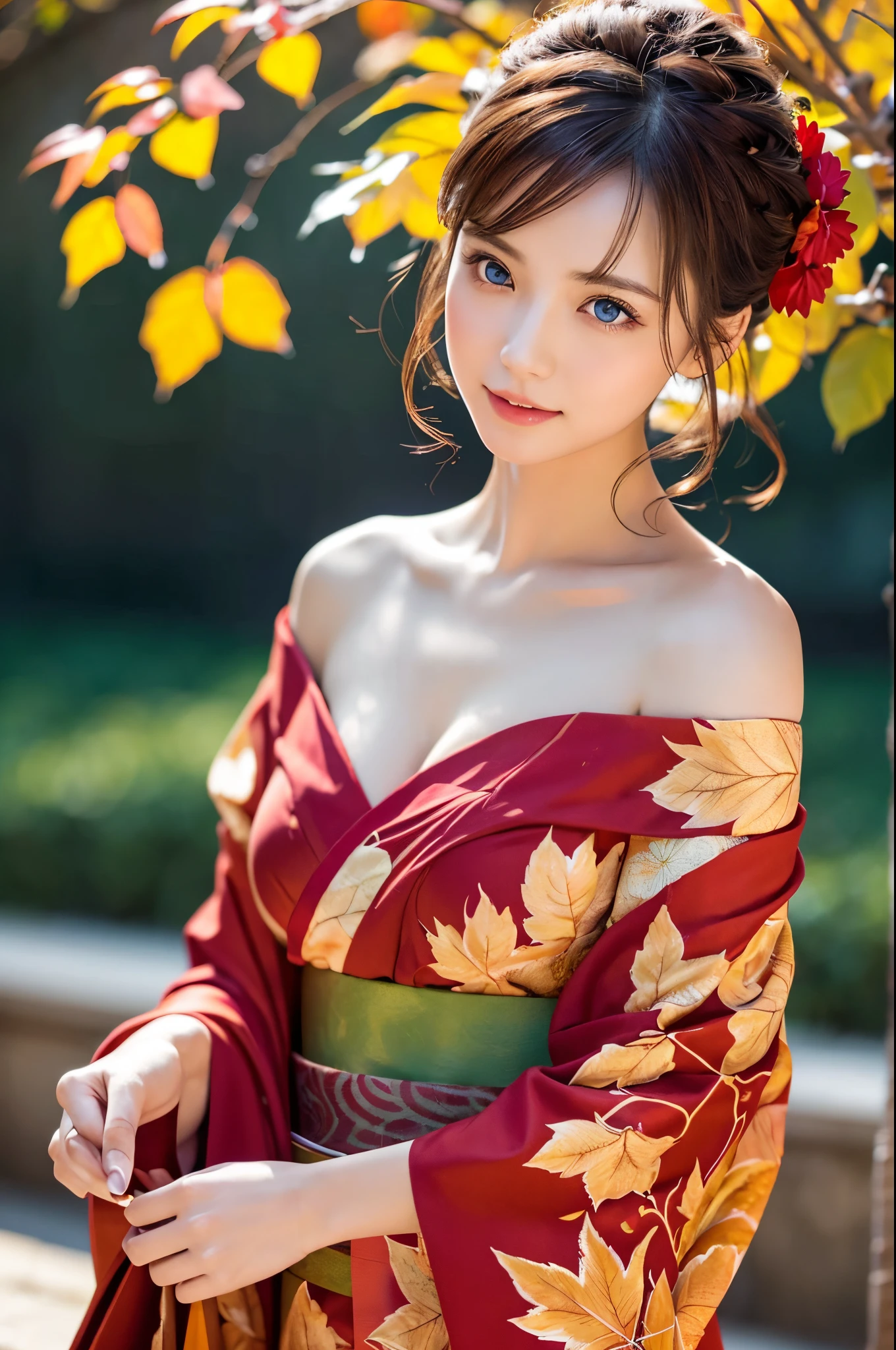 (masutepiece:1.3, Photorealsitic:1.4, 8K), top-quality, masterpiece, 超A high resolution, Professional camera work, Grow Light Effect, Realistic portrait, Cinematic Light, Highly detailed skin and facial texture:1.3, Perfect dynamic composition, The ultra-detailliert, A detailed eye, Detailed limbs, autumnal, Autumn leaves landscape in the evening:1.25, 1girl in, Cute sexy 23 year old slim woman, Fair skin, Autumn leaves are dancing:1.25, (Enraptured look:0.9, Totally captivates you:1.0), (Red kimono:1.31 off shoulder), (Backshots, Calm pose), (voluptuous breasts:0.9), (Beautiful blue eyes, Eyes that feel beautiful eros:0.85), Sexy face:0.4, (A mouthfeel that feels beautiful eros:0.85), ((Too cute beauty:0.9))