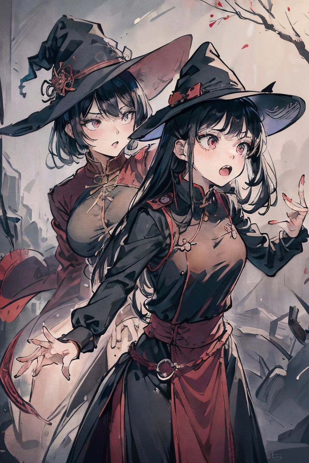 2girls,Prison Guard,lesbian,intimacy,brightcolors,Extreme color,Refined face,Magic background,Witch hat,uniform,see-through transparent clothes,Openwork clothing,silk clothes,Conservative style,anger expression,Resistance action,A tense scene,action with tension,Impactful graphics,Sexy back