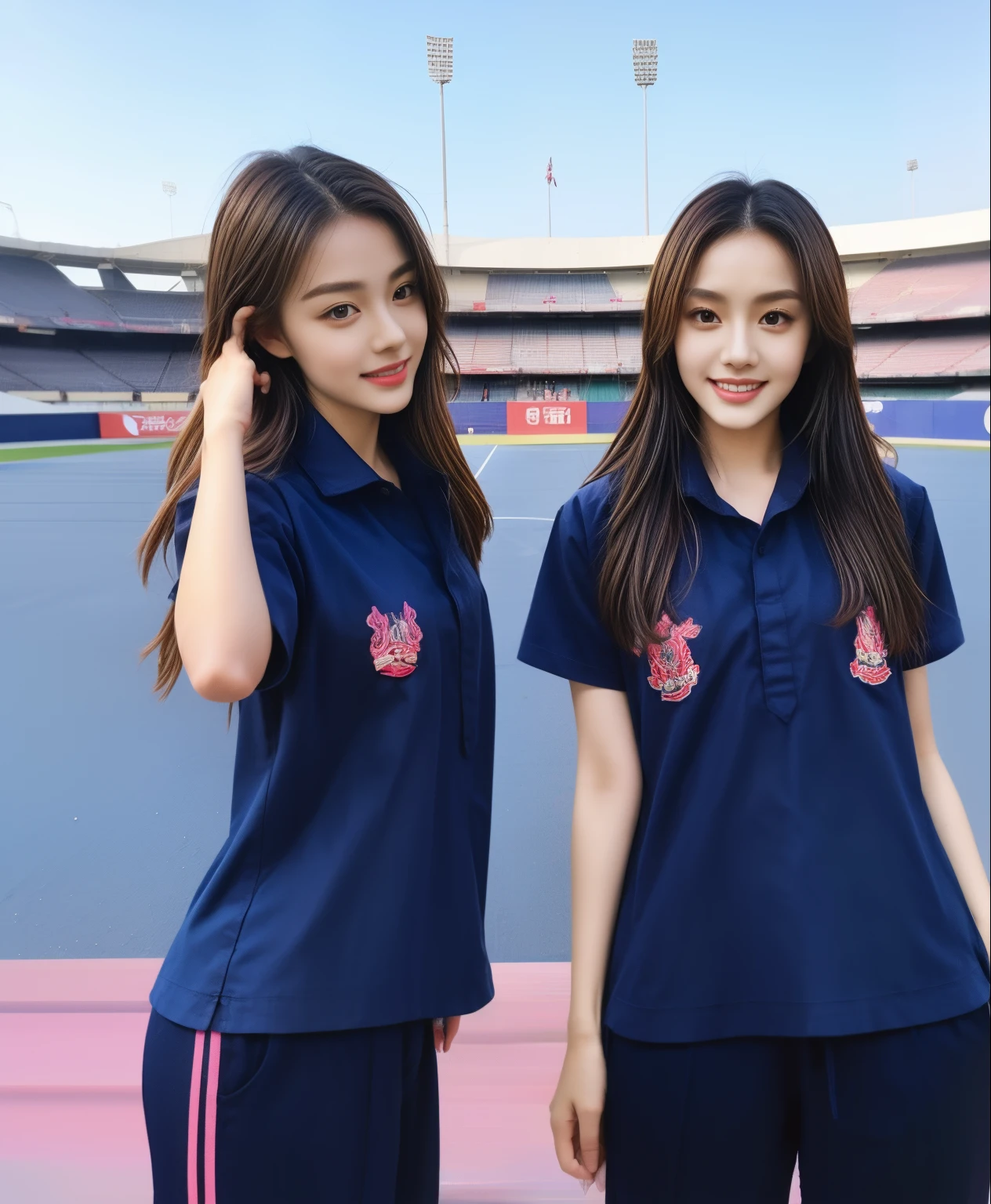 (bestquality,10,10,highres,masterpiece:1.2),ultra-detail,(Realistic,photorealistic portrait,photo-realistic:1.37),1 Cute girl in the football field,oily shiny skin,bara,light smile,BDclothes,((blue shirt:1.3)),short sleeves,shirt, trousers.,(navy_long_Pants Track:1.1), ((Stadium Background:1.3)),dynamic angle,excited,face focus,Dynamic Poses,from behide,Ass Focus,masterpiece, bestquality, ultra realistic, hyper-detail, 8k resolution, RAW photo, crisp focus, ((Navy blue shirt:1.1)), short sleeves, Long Path, Perfect body, 2 mature women, 18yo, cinematic light,Blue sweatpants,Gymware,Correct anatomy,Complete body, Correct body, sharp face, Anatomically correct body, full entire body, Realistic gestures, long-haired, Realistic poses,Wear long shorts.........................,Long leg span,Shapely,Sculpting Girl, Slender Figure, mannequin mannequins, Shapely, Beautiful body,Blue sweatpants, Two girls kissing