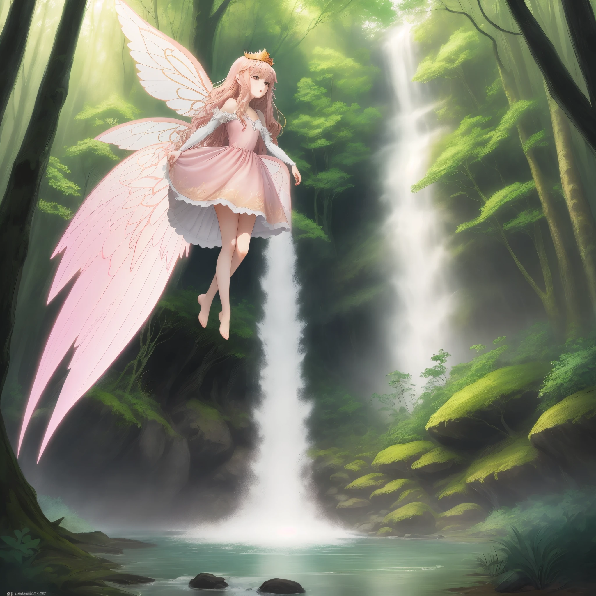 Flat marker 2d anime style, full body, fairy wings, long flowy hair with a princess crown , wearing a light pink ethereal princess dress , glossy lips, forest background with a waterfall, woodland creatures surrounding her
