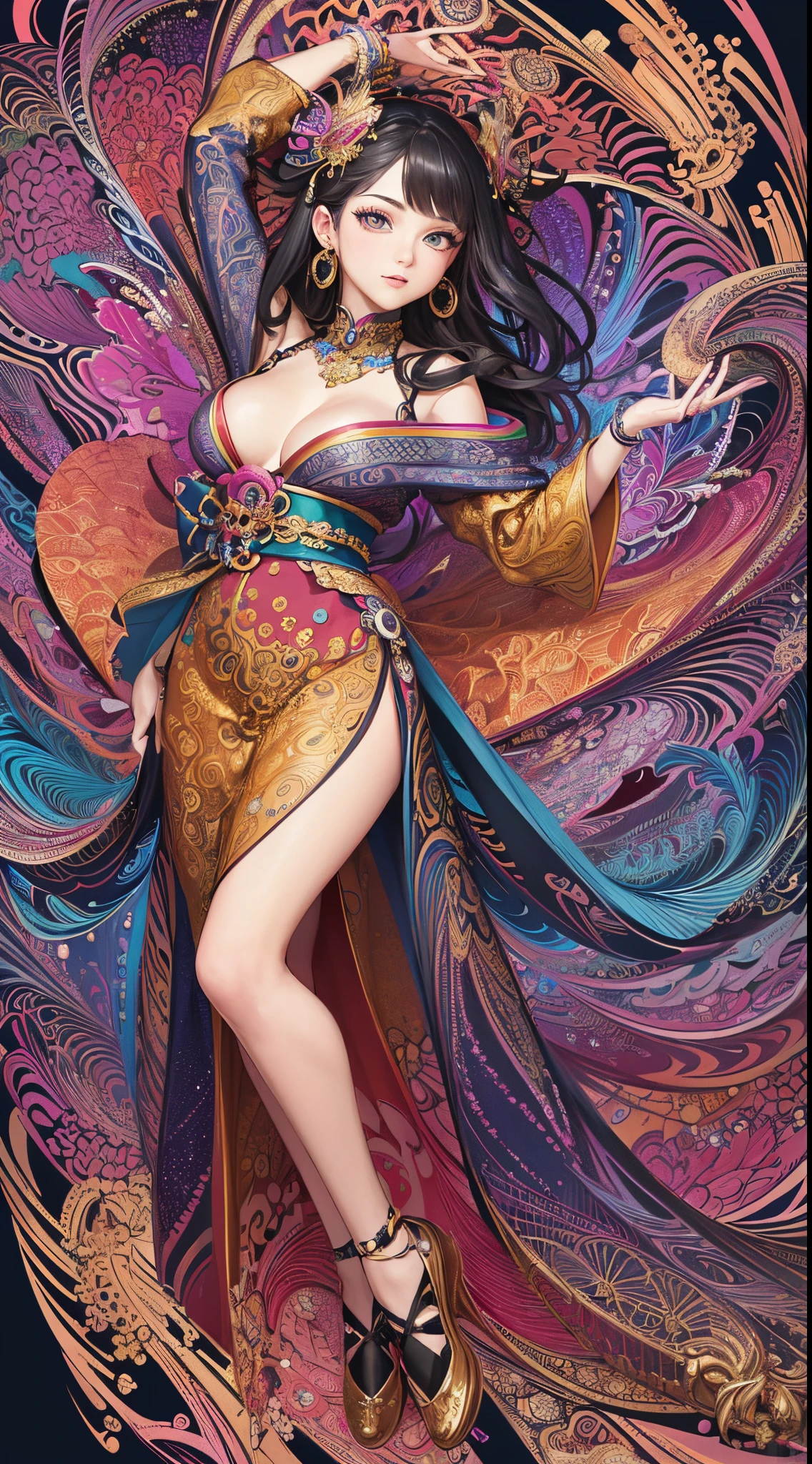 (masterpiece, top quality, best quality, official art, beautiful and aesthetic:1.2), (1girl:1.3), extremely detailed,(fractal art:1.1),(colorful:1.1),highest detailed,(zentangle:1.2), (dynamic pose), (abstract background:1.5), (japanese dress:1.2), (shiny skin), (many colors:1.4), ,(earrings:1.4),