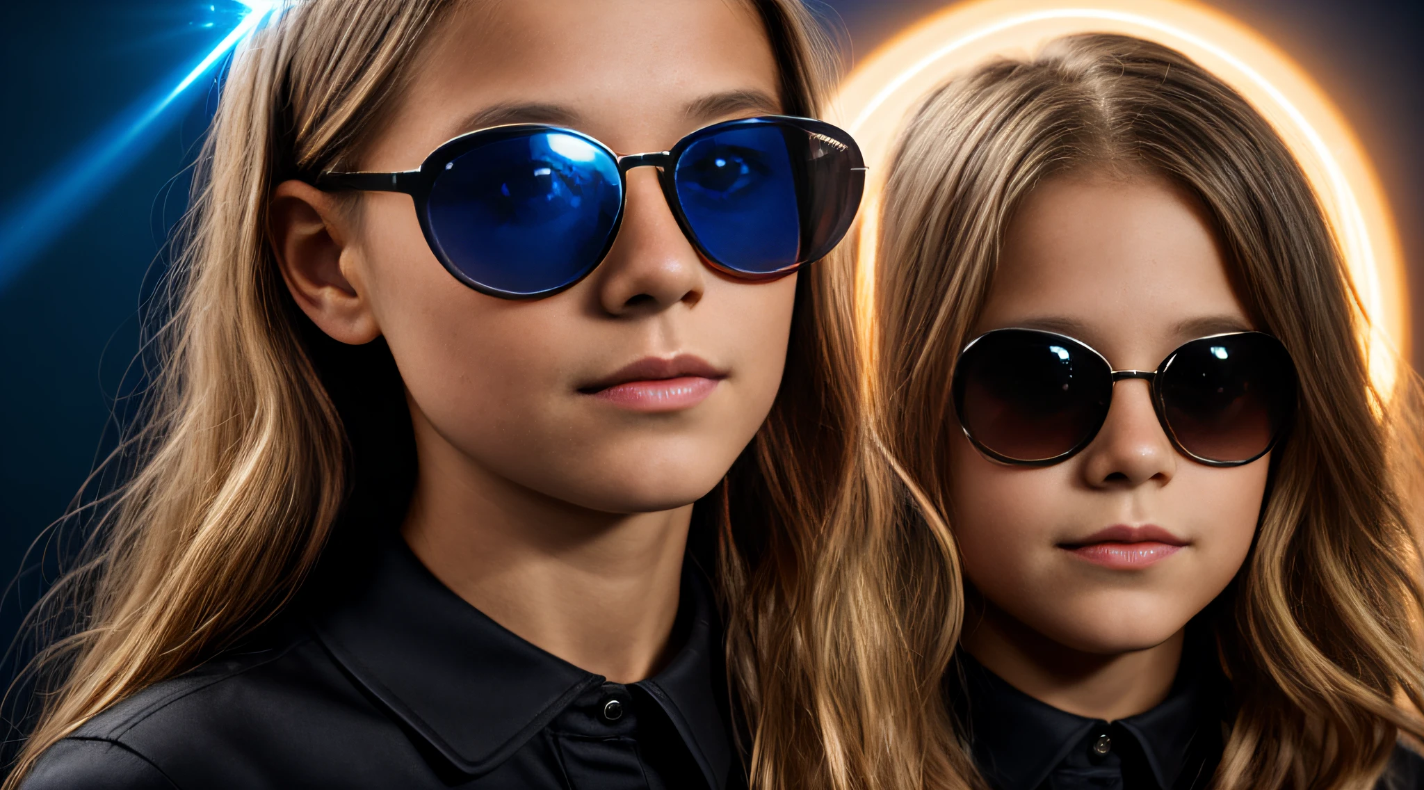 HALO DE LASER AZUL, close-up CHILDREN BLONDE GIRL WITH VERY LONG HAIR, in a black blouse and sunglasses in a dark room, Foto de um ensaio promocional,