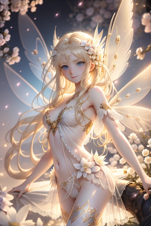 1 girl, blue eyes, long blonde hair, long eyelash, fairy wings, high detailed skin, Russian Flower Fairy, naked, smile, white panties, high quality, Volumetric lighting, A high resolution, Soft lighting, Transparent feather drop effect, Spring flower utopia