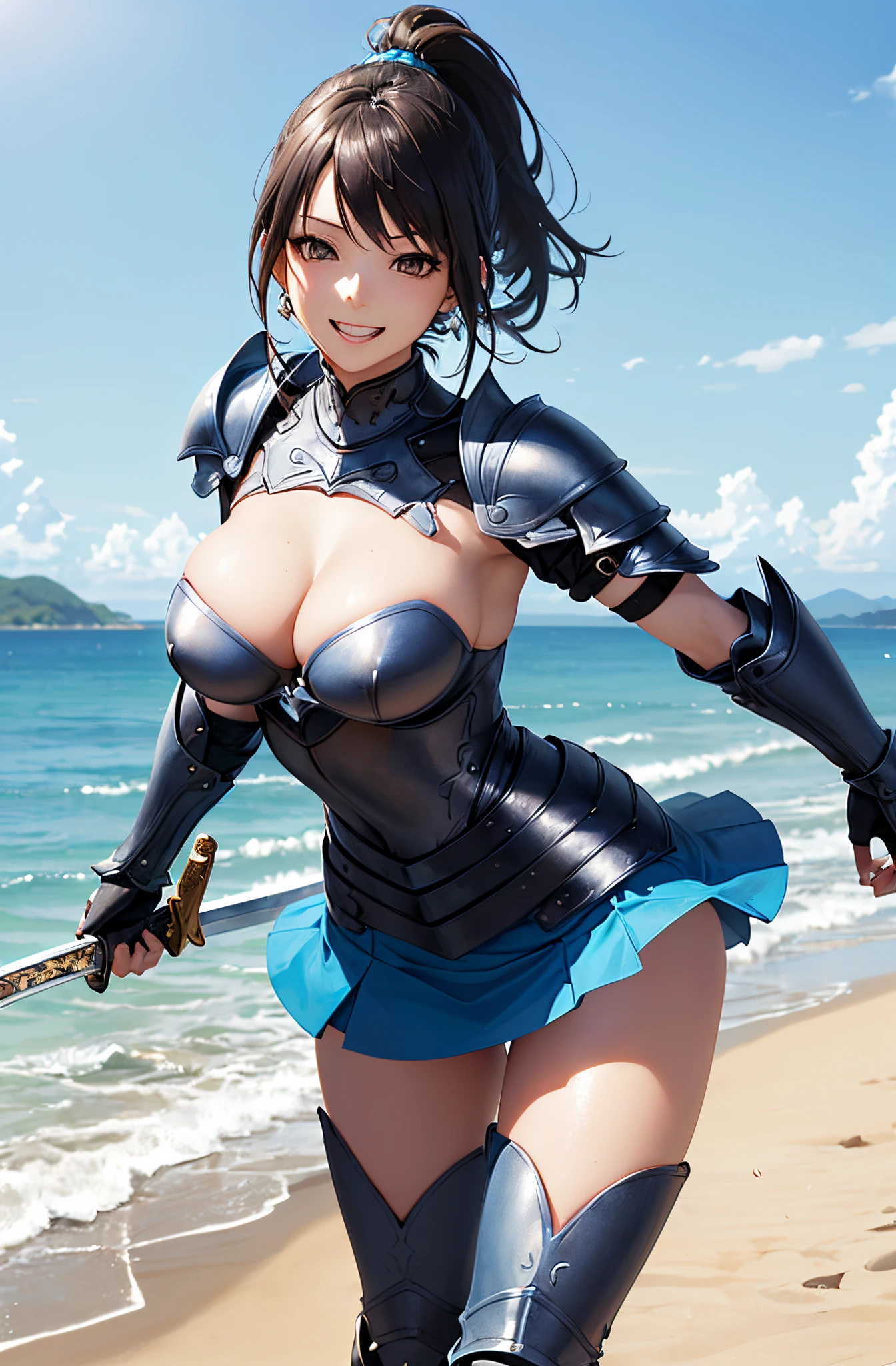 (masutepiece:1.5)、(top-quality:1.5)、(16k wallpaper:1.2)、(Photorealsitic:1.2)、(ultra-detailliert:1.2)、(超A high resolution:1.2)、(Ultra-detailed and realistic skin:1.2)、Detailed and clean eyes、Tsuriformes、Beautiful eyeshadow、(Sea sand beach)、(long black high ponytail:1.3)、Natural Color Lip、large full breasts、Superheroine in a revealing costume、(luxury blue sexy armor、a miniskirt、knee high boots and sword:1.3)、Cute smile、provocative smiling、fighting poses、Opens mouth and laughs、Jumping、Standing on one leg