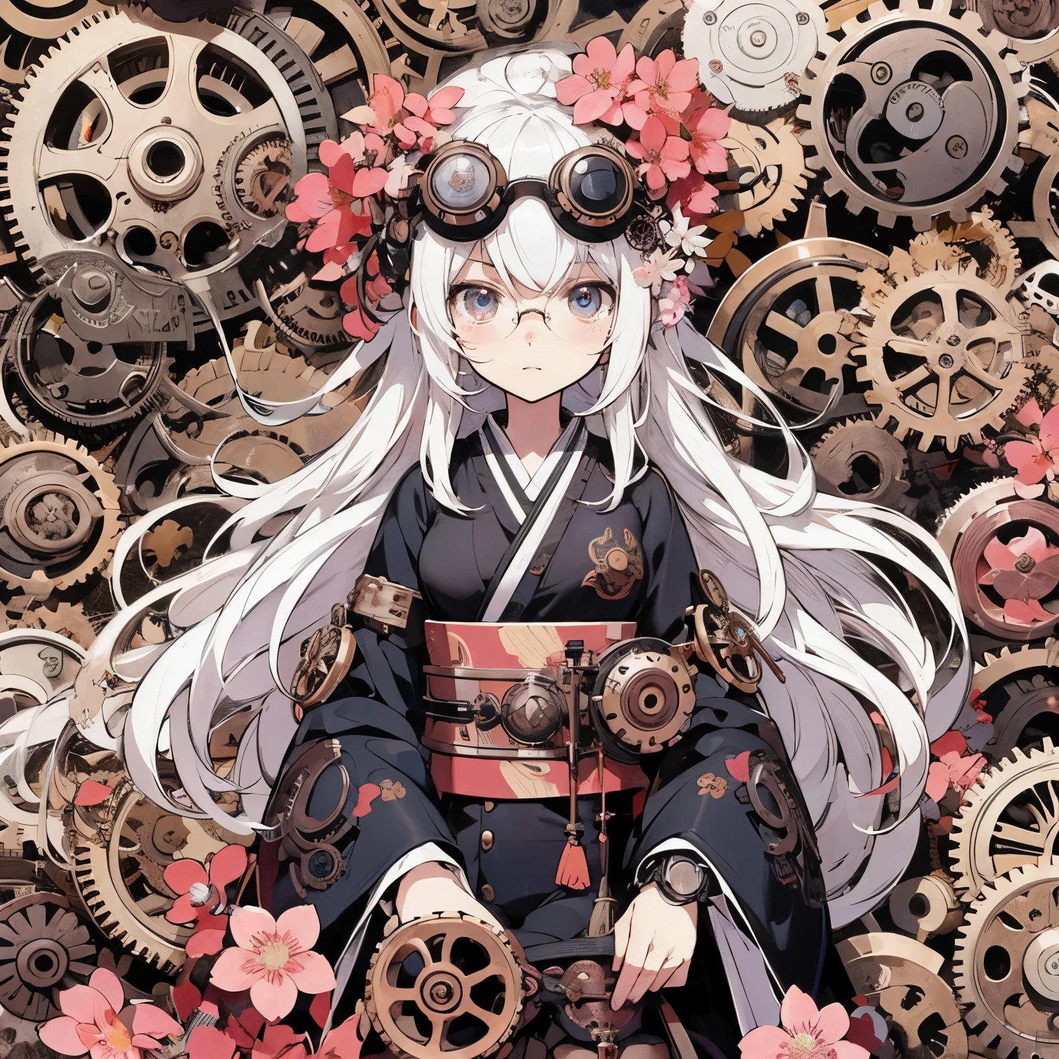 Anime girl with long white hair and glasses sitting in front of gears, intricate ornate anime cgi style, best anime 4k konachan wallpaper, mechanized witch girl, Detailed anime artwork, clean detailed anime art, white haired god, steampunk beautiful anime woman, anime cover, Anime visuals of cute girls, Black Gear, Anime Illustration, official artwork
