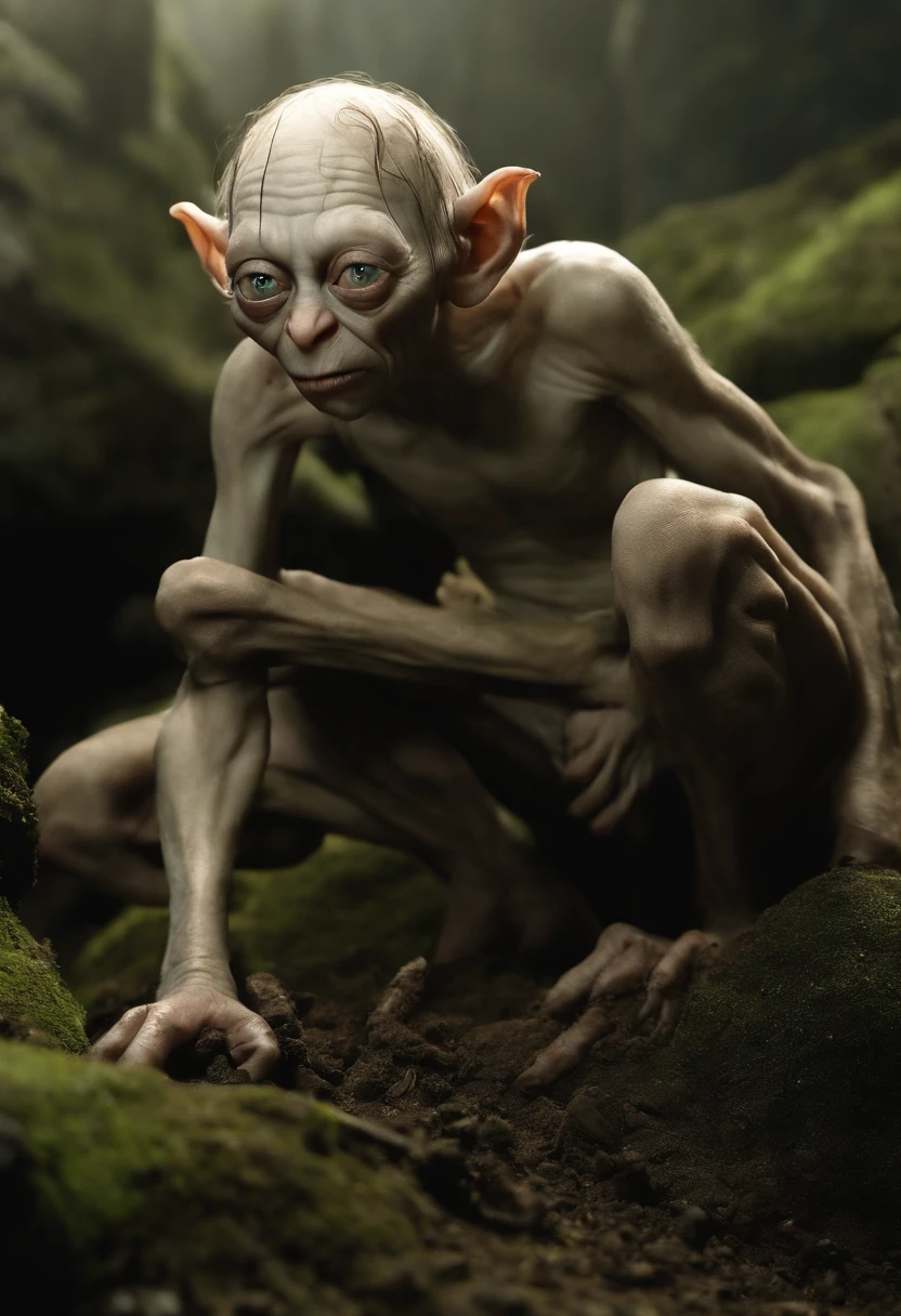An image of Gollum crouched down, eagerly digging into the dirt with his bare hands, eyes fixed on something unseen.,The Lord of the Rings: The Two Towers,Gollum’s appearance is haunting and emaciated, with pale, clammy skin and large, bulbous eyes that give him a perpetually desperate and wild look. He is sinewy and surprisingly strong for his small stature, with long, thin limbs and sparse strands of hair. His voice is a distinctive, guttural whisper, often switching between personalities, which is as unsettling as his gaunt, contorted facial expressions., male