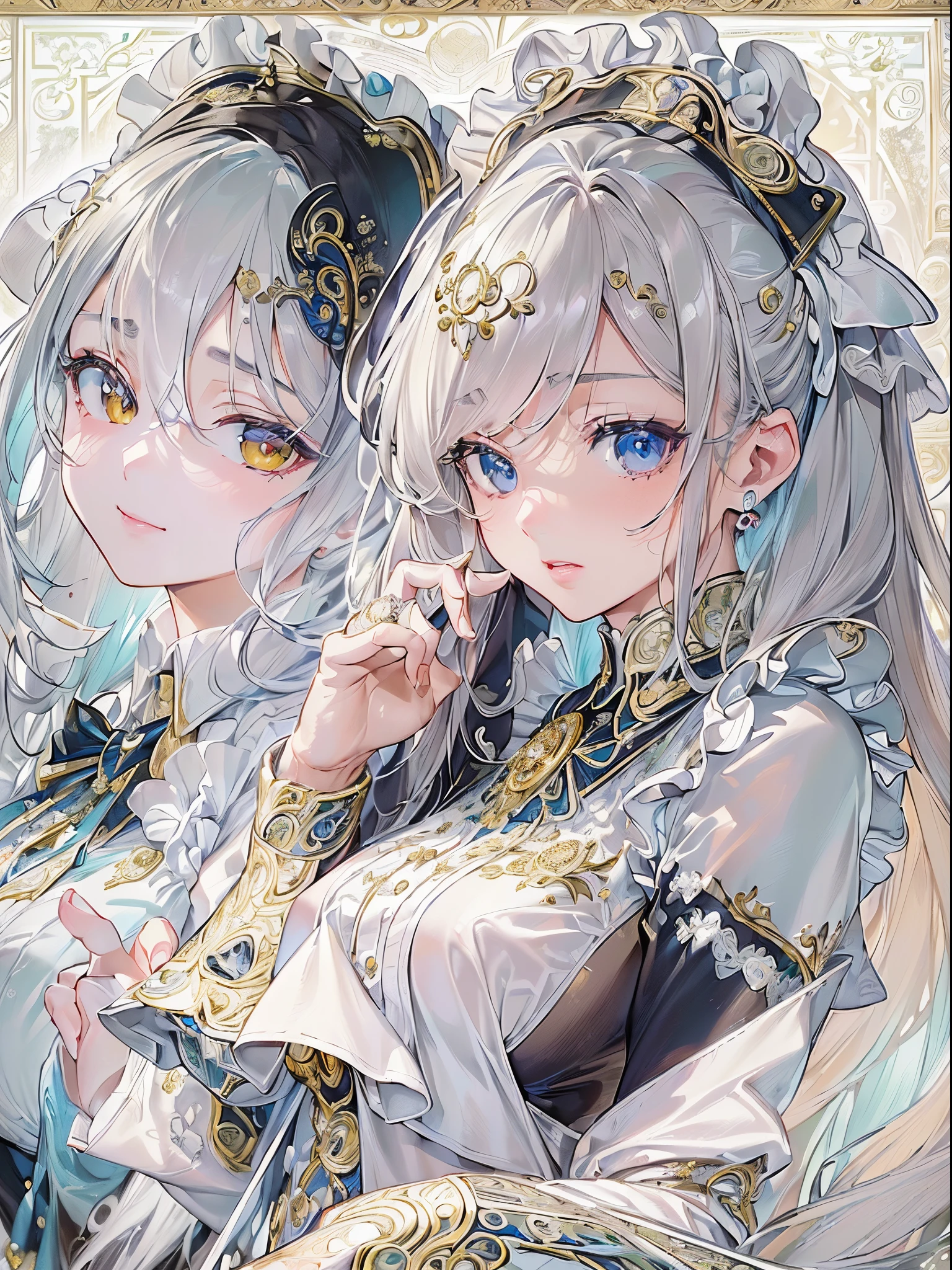 (masterpiece:1.2, Highest quality), 2 women,Gemini images,Sets of clothes with different nuances、Light blue hair, Bun Hair, Twins image,Orange background、Close-up of face