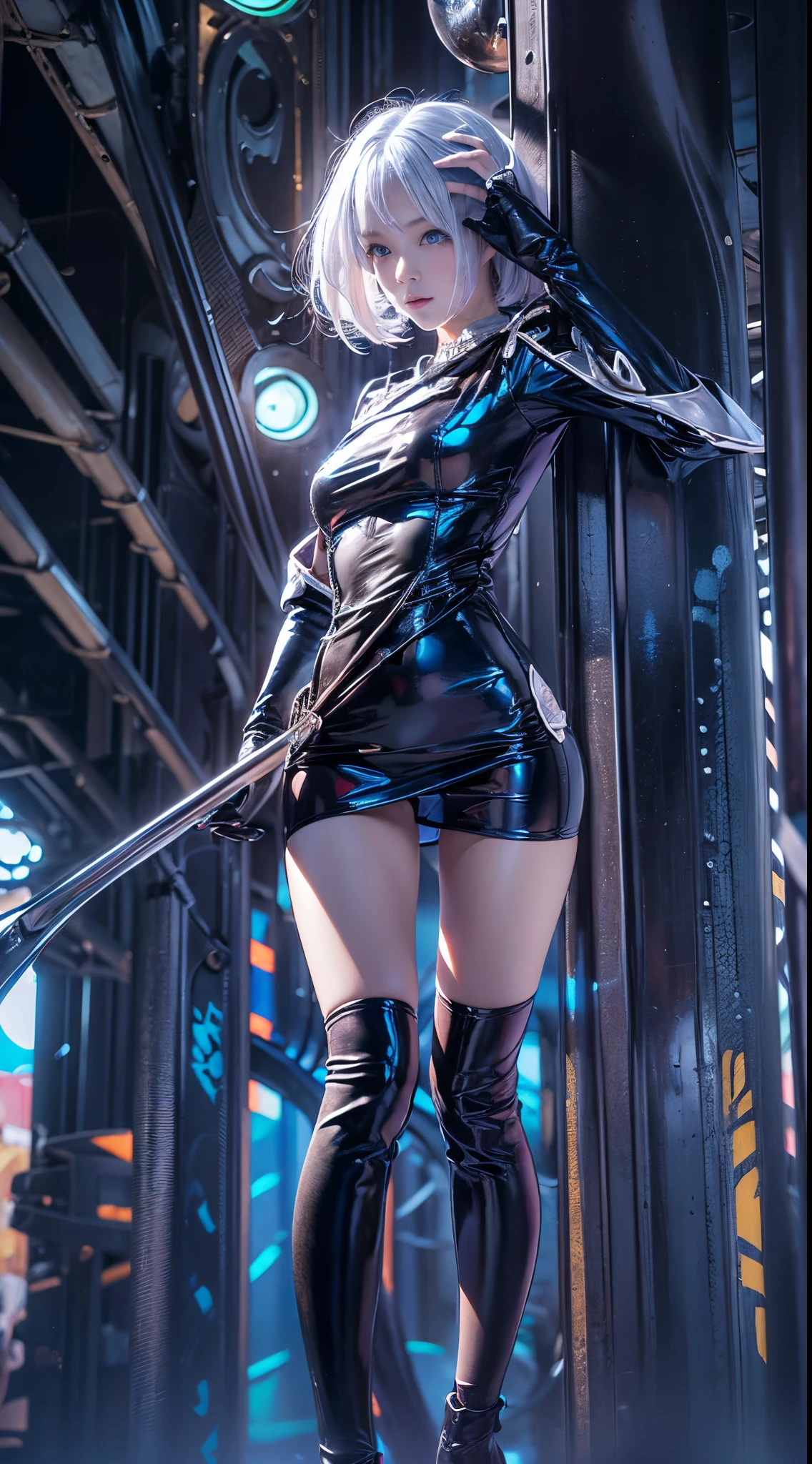 ((realisitic))、(masutepiece, Best Quality:1.5), Fractal Art, Silver Shorthair, Blue eyes, Spotlight, Sexy Pose、 Black leather costume、Beautiful girl doing pole dancing,