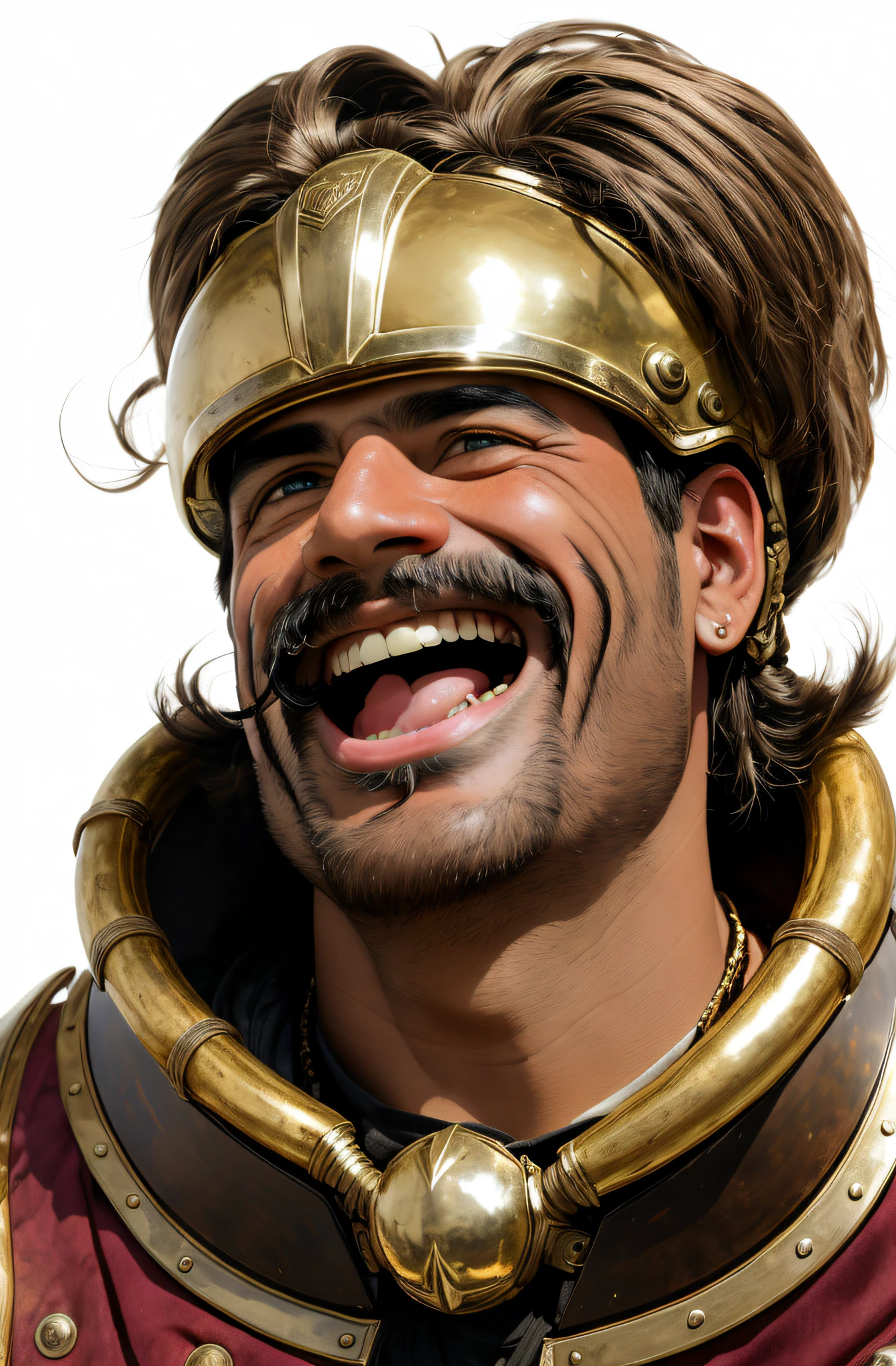 gallic male, laughing, thick brown moustache, metallic gallic helmet, portrait from below, dark backgroound, looking at the viewer