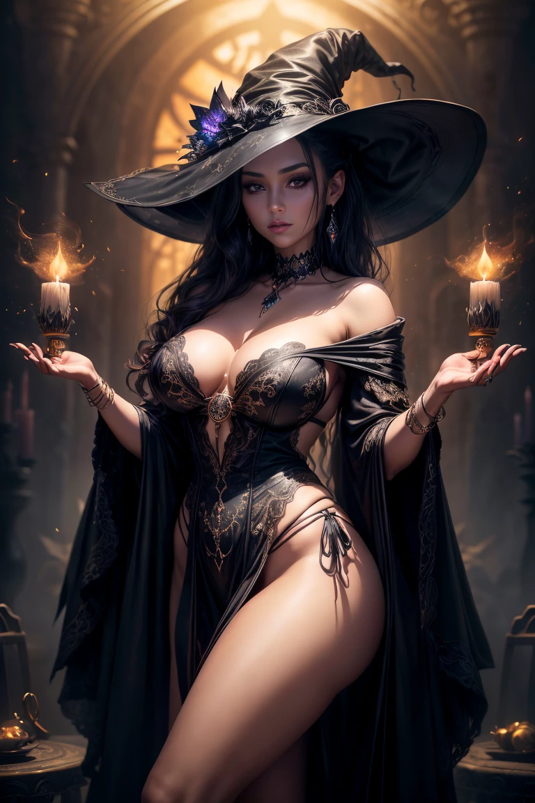masterpiece, best quality, highres, 1girl, Hermosa mujer sensual, Gothic attire, Dressed in richly decorated black robe, bruja, witch hat, waved hair, Witch gown,jewelry,high heels,cleavage,earrings,bracelet,bare shoulders, magic_Wand Confident Expression, Looking at the camera (Magical Mysterious Background, fireflys, glowing particles, Ethereal fog, oscuridad tenue, magic symbols, Hierbas, y velas encendidas), high saturation, Movie Light, luz de borde, mejores sombras, (Lente utilizada: prime 50mm:1.3), (Camera model: Fotograma completo Sony Alpha a7R IV:1.3), (Meticulously crafted lighting creates a mysterious ambience:1.2),