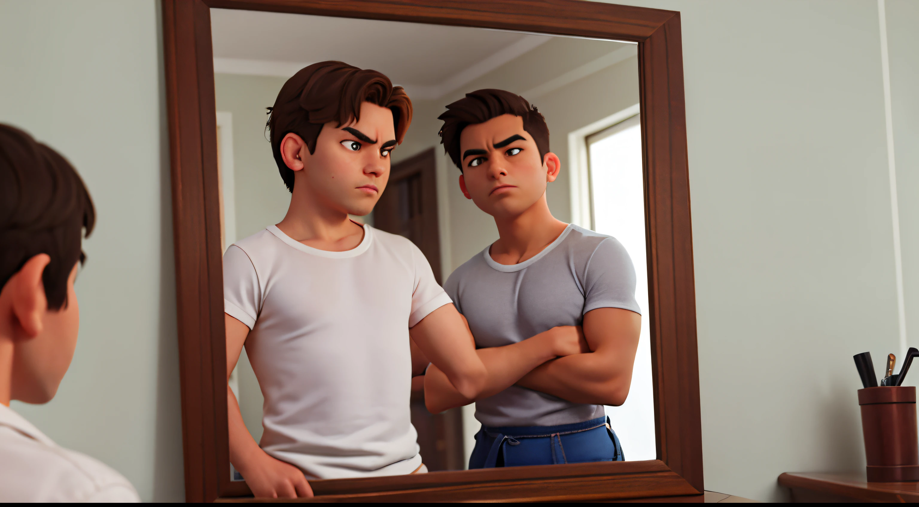 A man facing a mirror, questioning his own masculinity and pondering whether he is perceived as a strong man or a weak boy trapped in an adult body.
