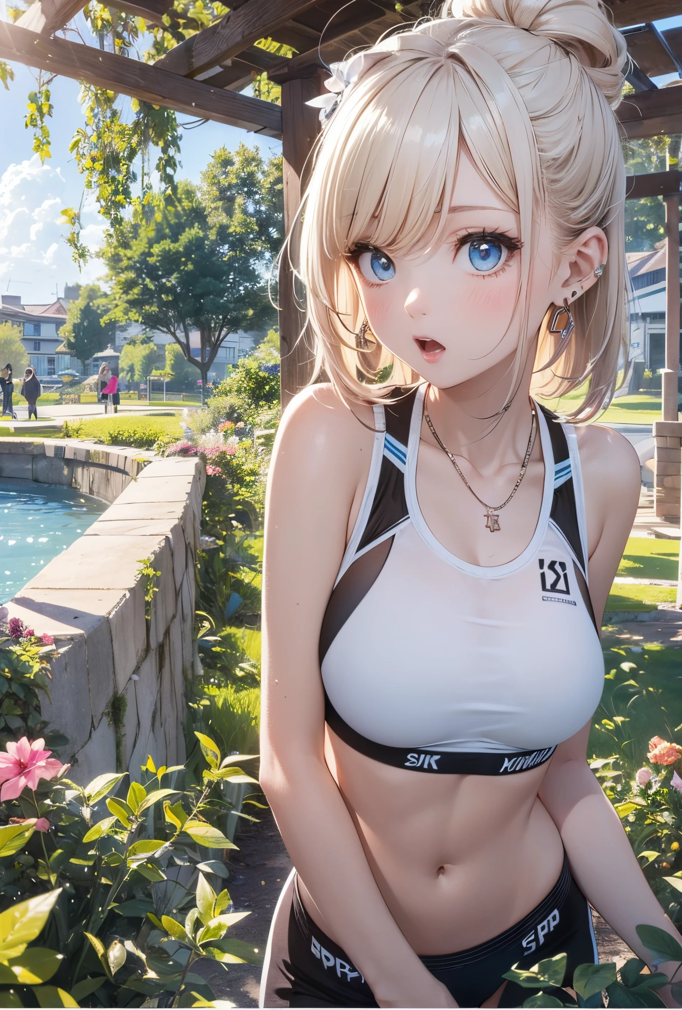8k,masuter piece,absurderes, ultra-detailliert,bright colour, (Black Sports Bra:1.4),(Show below:1.3),(Surprised:1.4),extremely beautiful detailed anime face and eyes, view straight on, ;D, shiny_skin,25 years old, Short hair, , asymmetrical bangs, Blonde hair with short twin tails,Forehead, Shiny hair, Delicate beautiful face, red blush、Blue eyes, White skin, hair clips, earrings, a necklace, Beautiful cloud, Blue summer sky、A park full of nature