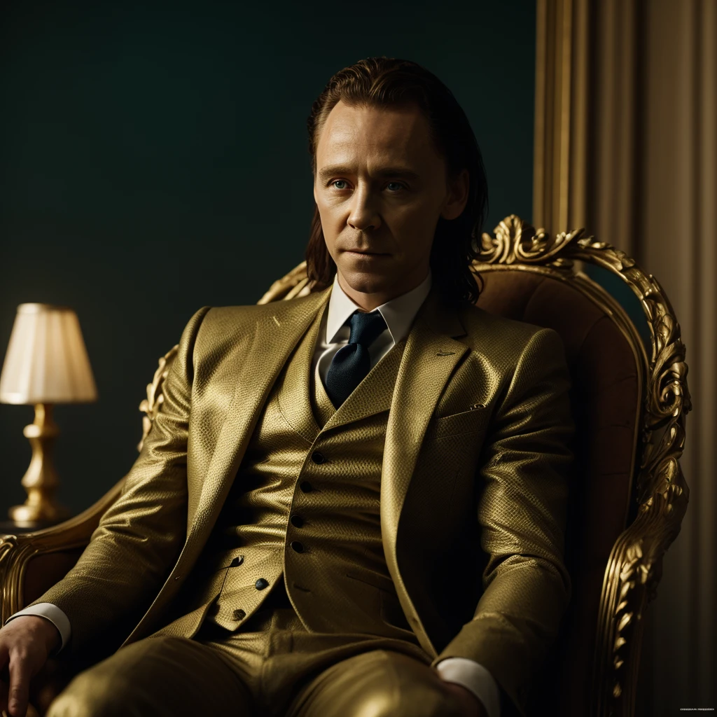 Loki classic yellow green suit of comics, with 100% Tom Hiddleston head, sit on a gold throne, green cloud and Thunder blurred background, dramatic light, masterpiece, 8k octane, cinematic, very detailed, 100% Tom hiddleston Face