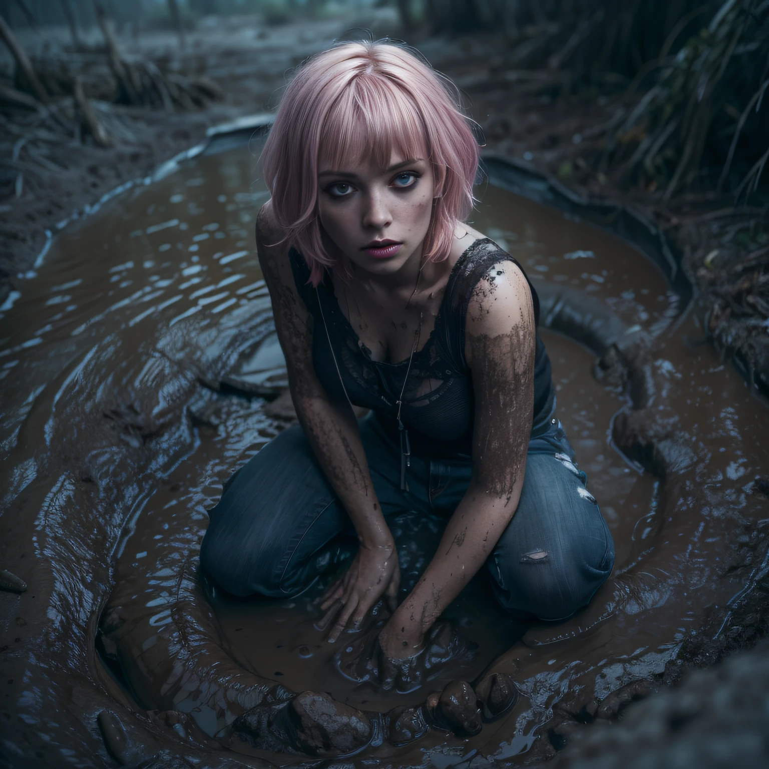 (Best Quality,hight resolution,Masterpiece, Overhead view:1.20),Ultra-detailed,Wide jeans,drowning in a swamp, fetish, (at the bottom of a mud pit:1.3),gloomy ecstasy,fetish,dark gloomy atmosphere,gritty texture,melancholic expression on his face,mysterious aura,foggy background,Subtle color palette,provocative pose,Strong emotions,Coming Out of the Depths of Despair,Piercing gaze,intense shadows,Plunged in Darkness,Rugged terrain,ominous vibe,A supernatural sensation,asymmetrical bangs, freckles, pink short hair, Bangs, freckles, gray eyes, A girl