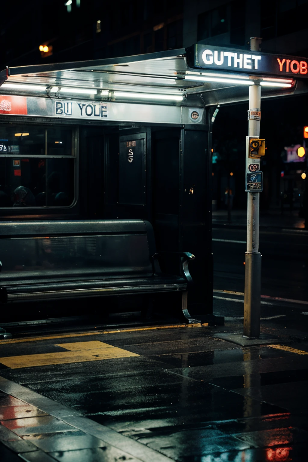 new york city, bus stop, Without people, the night, Rainy weather