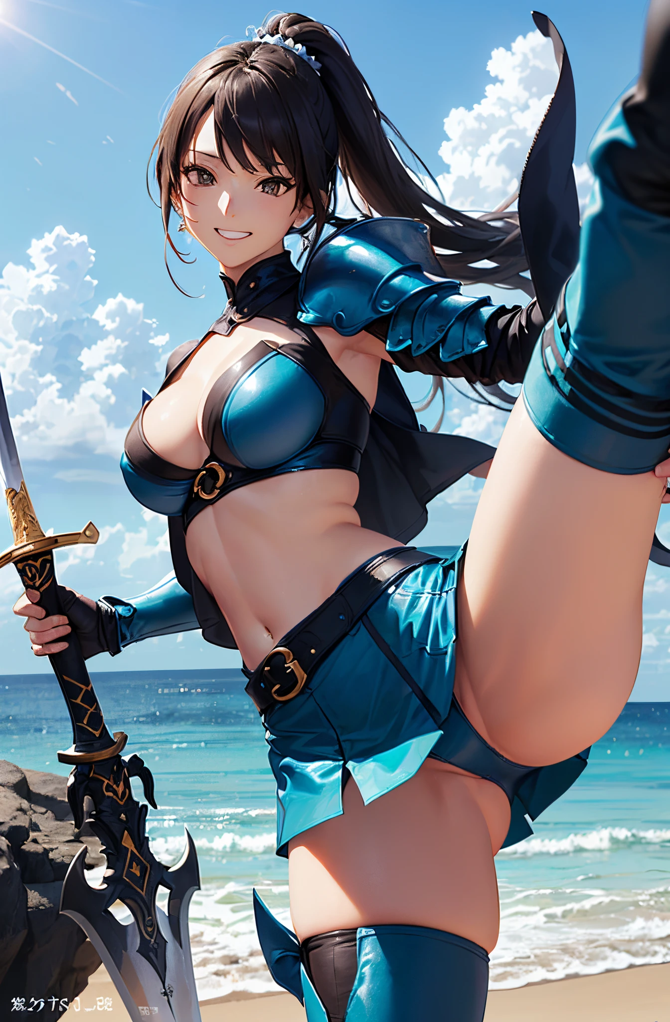 (masutepiece:1.5)、(top-quality:1.5)、(16k wallpaper:1.2)、(Photorealsitic:1.2)、(ultra-detailliert:1.2)、(超A high resolution:1.2)、(Ultra-detailed and realistic skin:1.2)、Detailed and clean eyes、Tsuriformes、Beautiful eyeshadow、(Sea sand beach)、(Meet the octopus monster:1.3)、(long black high ponytail:1.4)、Natural Color Lip、large full breasts、Superheroine in a revealing costume、(luxury blue sexy armor、a miniskirt、knee high boots and sword:1.3)、Cute smile、provocative smiling、fighting poses、Opens mouth and laughs、Jumping、Standing on one leg