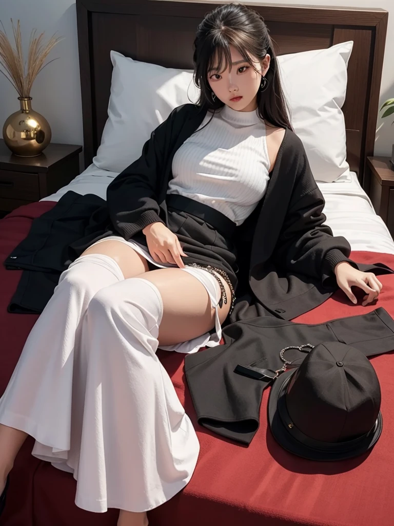 Beautuful Women，blacksilk，Bag temple skirt，Lying in bed