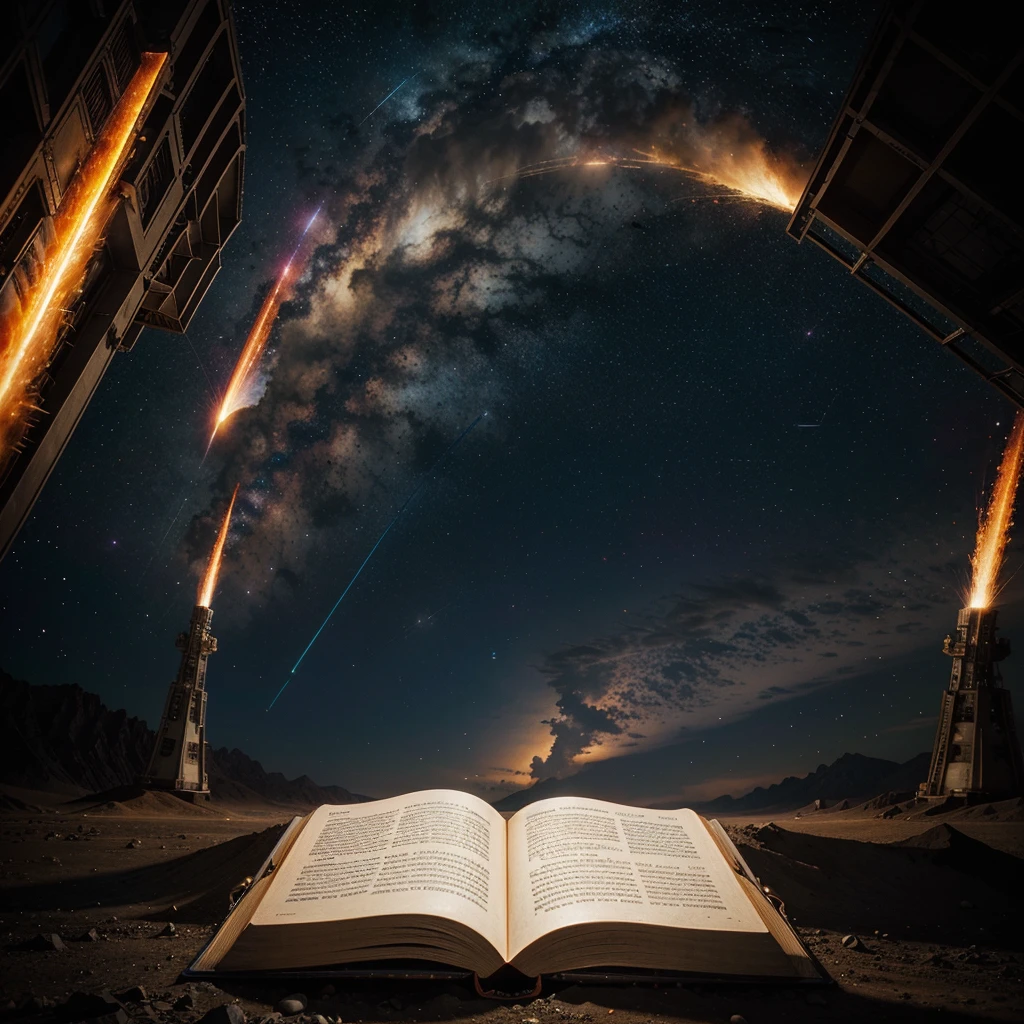 In the galactic expanse, a colossal book titled "The Enchantments of Celestial Flames" floats majestically, its pages adorned with tales of cosmic fire magic