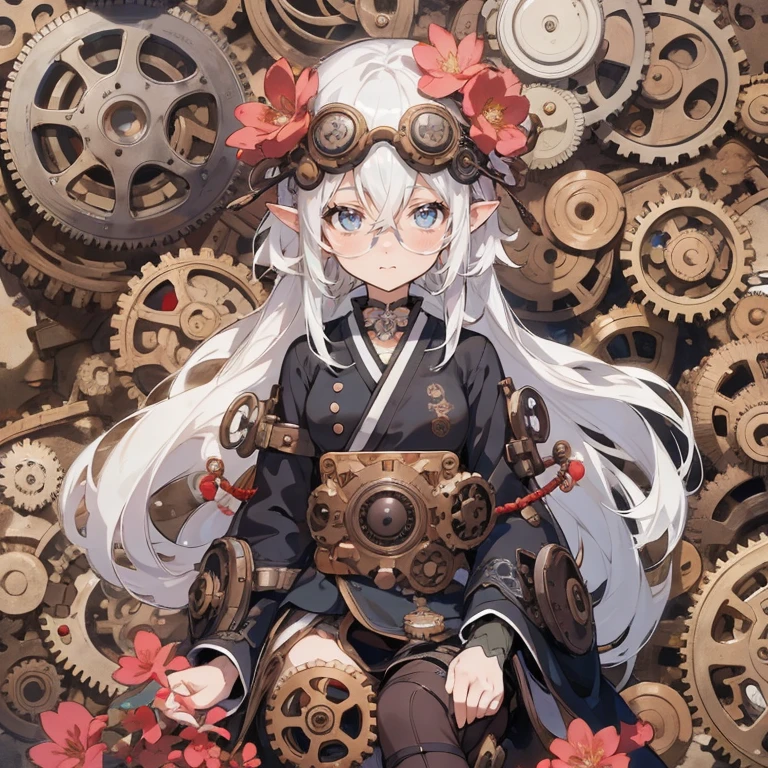 Anime elf girl with short white hair and glasses sitting in front of gears, intricate ornate anime cgi style, best anime 4k konachan wallpaper, mechanized witch girl, Detailed anime artwork, clean detailed anime art, white haired god, steampunk beautiful anime woman, anime cover, Anime visuals of cute girls, Black Gear, Anime Illustration, official artwork