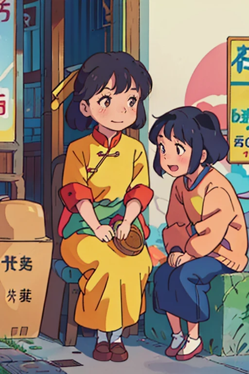 A six-year-old Chinese girl and a puppy,rays of sunshine,innocent laughter,A high resolution,Sitting in front of a vintage store,Chinese style,Department of Healing,Low saturation color matching,UE5