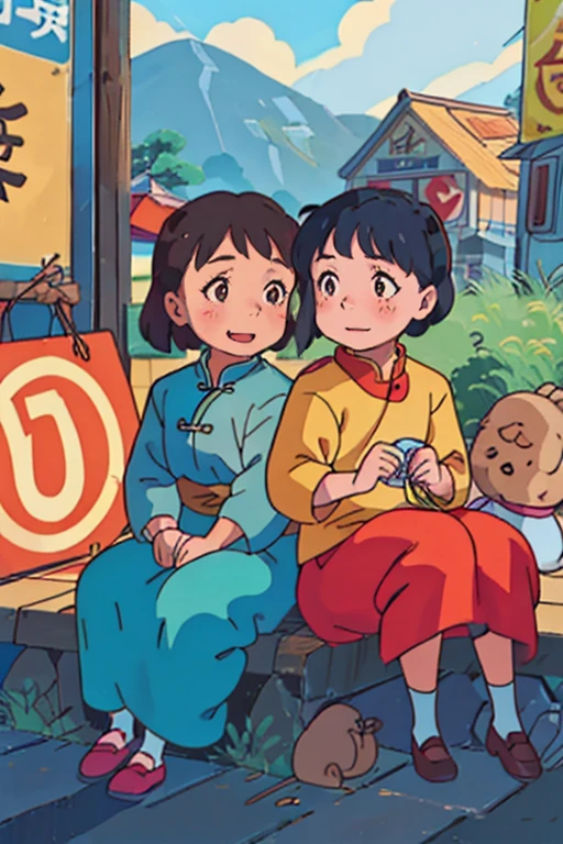 A six-year-old Chinese girl and a puppy,rays of sunshine,innocent laughter,A high resolution,Sitting in front of a vintage store,Chinese style,Department of Healing,Low saturation color matching,UE5