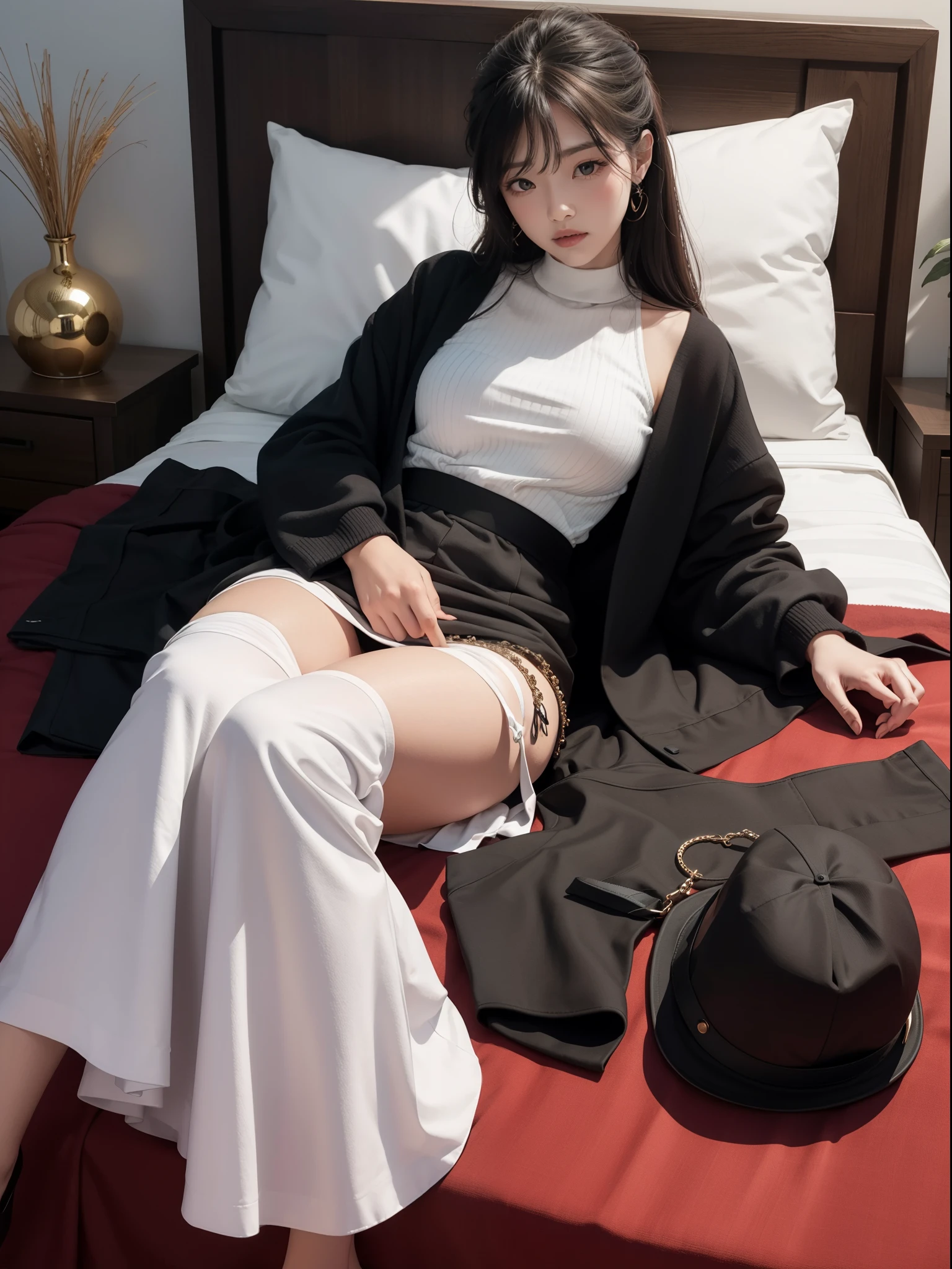 Beautuful Women,blacksilk,Bag temple skirt,Lying in bed