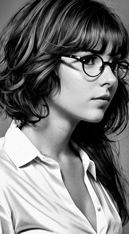 Realistic 80s photo on monochrome film; young plump Russian woman 38 years old, beautiful proportional round face, round cheeks, Round chin, Big shiny brown eyes, eyeglasses, parted sensual lips, Serious, Tired look, calm pleasant smile, medium length brown thick tousled hair (80s punk hairstyle); short plump body, very small breasts with large nipples (Nipple erection), without underwear, White translucent silk shirt with a loose fit and top button undone....., A tired look at the camera, (upper-body), natural light; Monochrome image