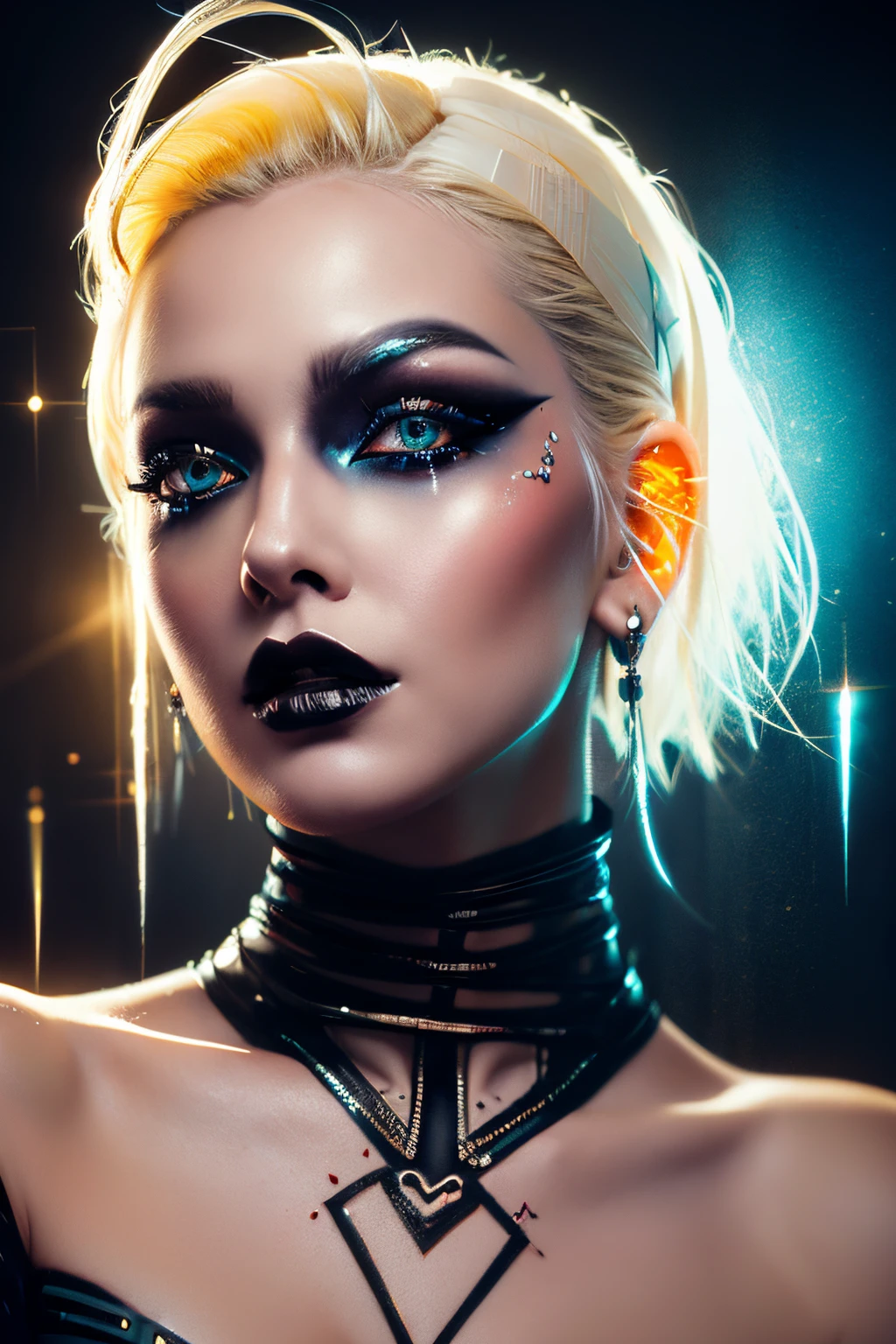 A beautiful and sweet cyberpunk blonde, a digital painting of a woman with Love Makeup with arrows, Heart-shaped makeup, cgsociety, gothic art, dystopian art, detailed painting, behance hd, figurative art, anime aesthetic, deep photography, Ilford HP5 film, crushed blacks, depth of field, dark photo, film grain, shadows, natural light