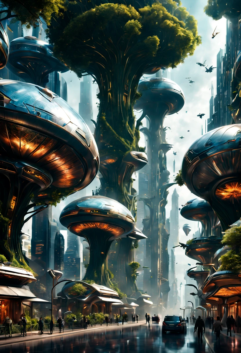 Design a futuristic cityscape with buildings that resemble ancient trees, transportation pods soaring through the air like futuristic insects, (best composition), ultra-wide-angle, octane render, enhance, intricate, (best quality, masterpiece, Representative work, official art, Professional, unity 8k wallpaper:1.3)