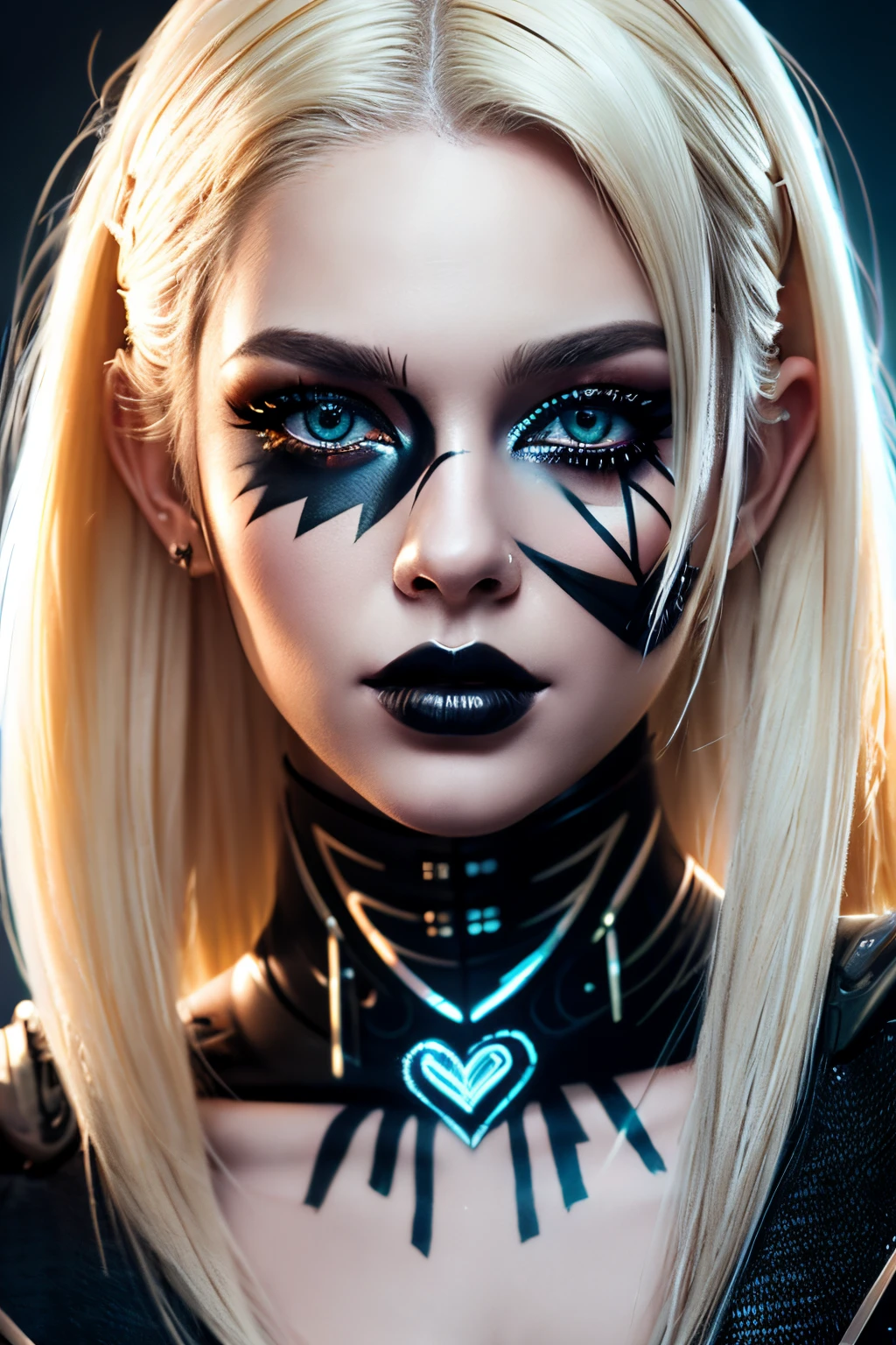 A beautiful and sweet cyberpunk blonde, a digital painting of a woman with Love Makeup with arrows, Heart-shaped makeup, cgsociety, gothic art, dystopian art, detailed painting, behance hd, figurative art, anime aesthetic, deep photography, Ilford HP5 film, crushed blacks, depth of field, dark photo, film grain, shadows, natural light