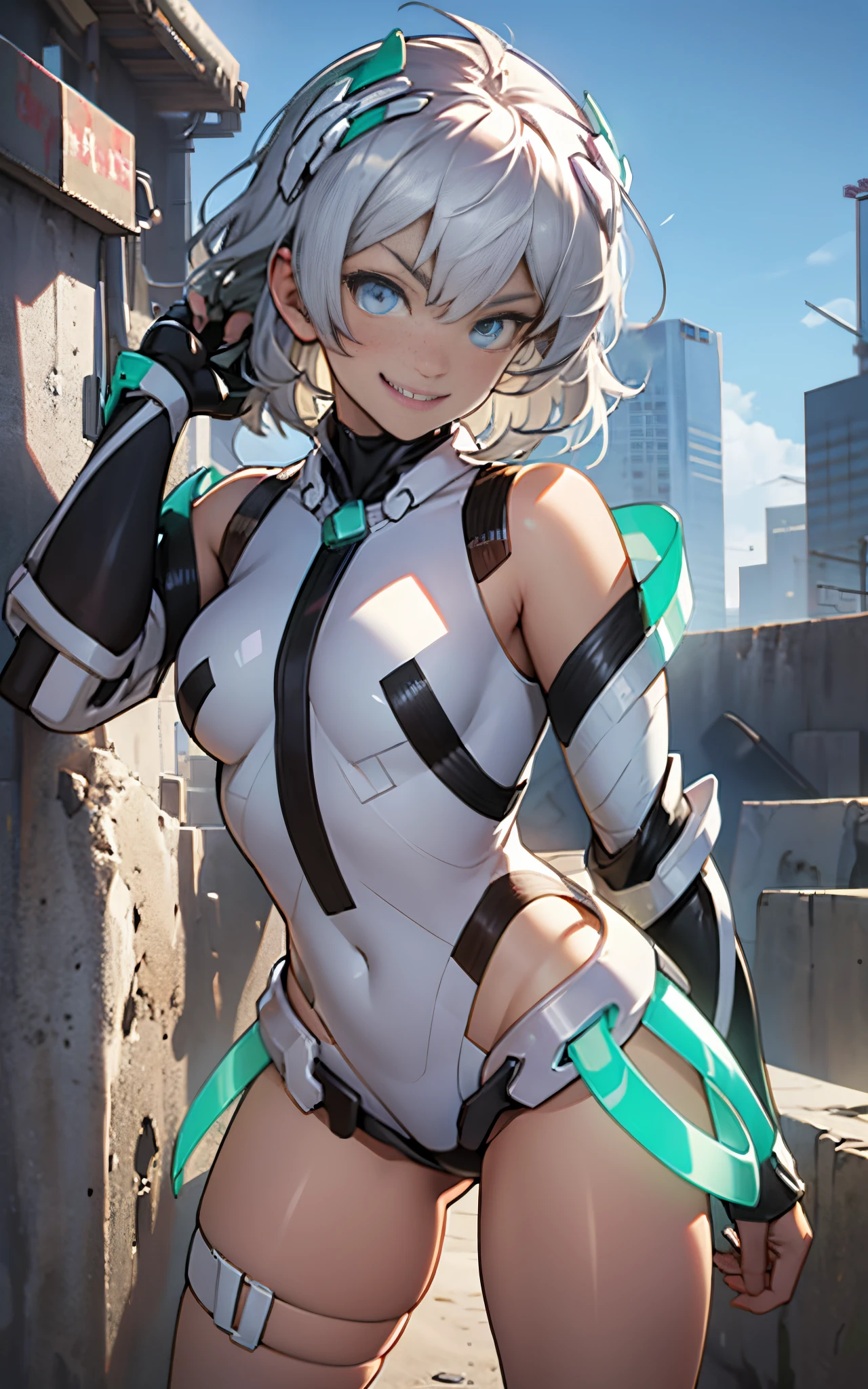 lightsmile, deva battle suit, Outdoors, Silver hair, bobhair, Blue eyes, waist shot