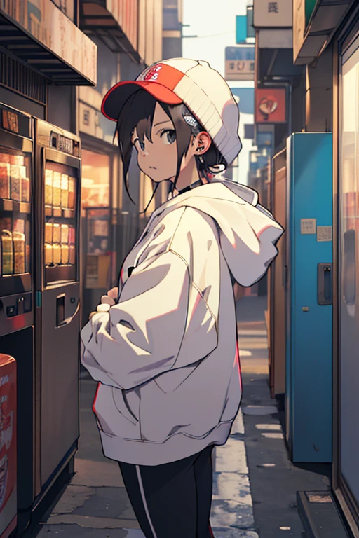 Shibuya, Back alley, vending machine on the background, wearing a hoodie on his head, From above, (8K, Raw photo, Best Quality, masutepiece:1.2), A girl in her 20s with headphones around her neck