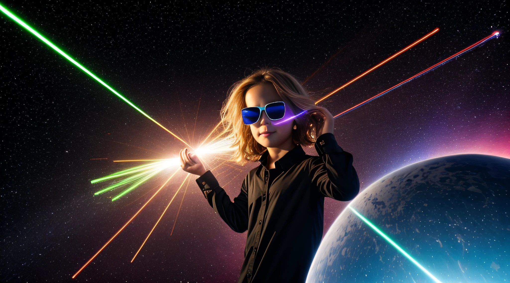 close-up CHILD BLONDE GIRL WITH VERY LONG HAIR, in a black blouse and sunglasses, a laser is being used to illuminate a circle, Rastreamento futurista de lasers, lasers brancos, dyson sphere in space, Lense Flares | |, Lazers, Flare FX optical lens, lasers brilhantes, lasers futuristas, Rastreamento futurista de lasers finos, disparo de Lasers, Foto de uma esfera de Dyson, feixes de laser, lasers para luzes, Neon Flare Lens
