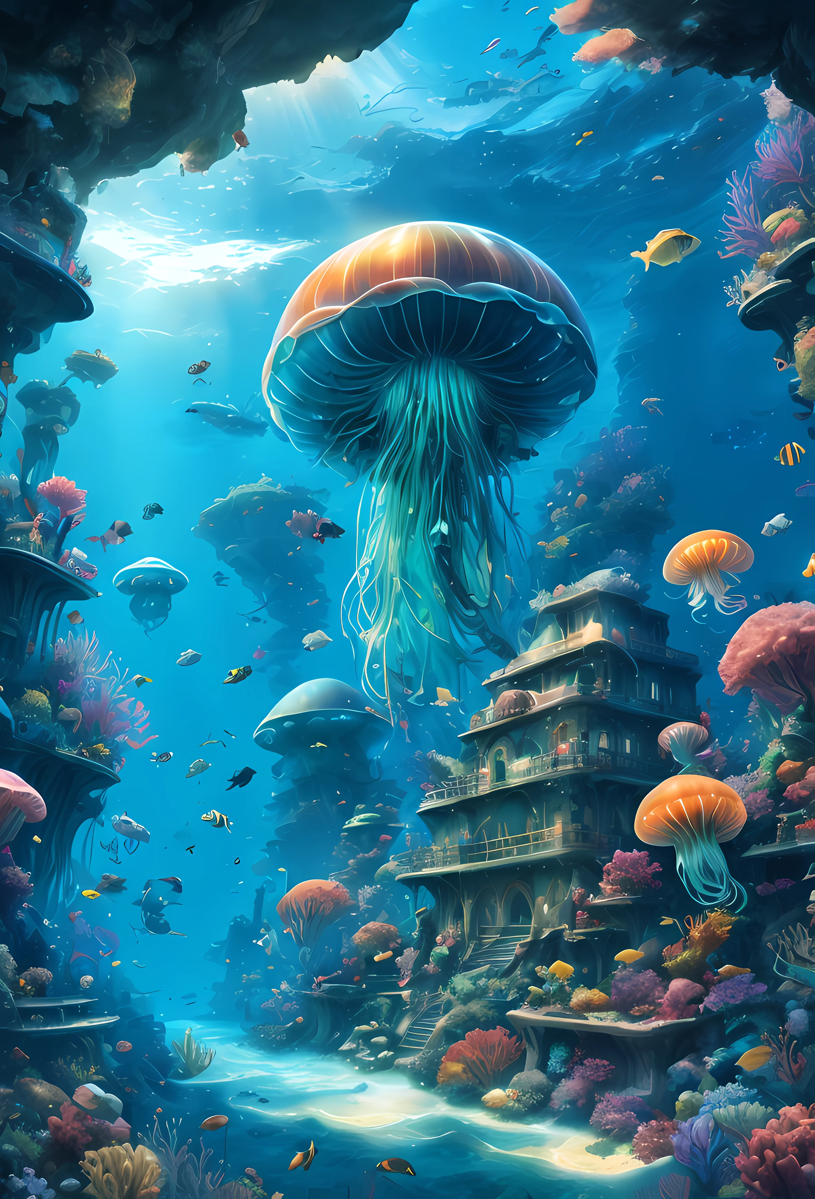 utopian, there is a jellyfish and other fish swimming in a sea, jellyfish temple, underwater city, an underwater city, undersea temple, lost city of atlantis, the lost city of atlantis, underwater temple, fantasy sea landscape, undersea temple with fish, amazing depth, futuristic underwater metropolis, beautiful digital artwork, underwater world, underwater mushroom forest, city of atlantis
