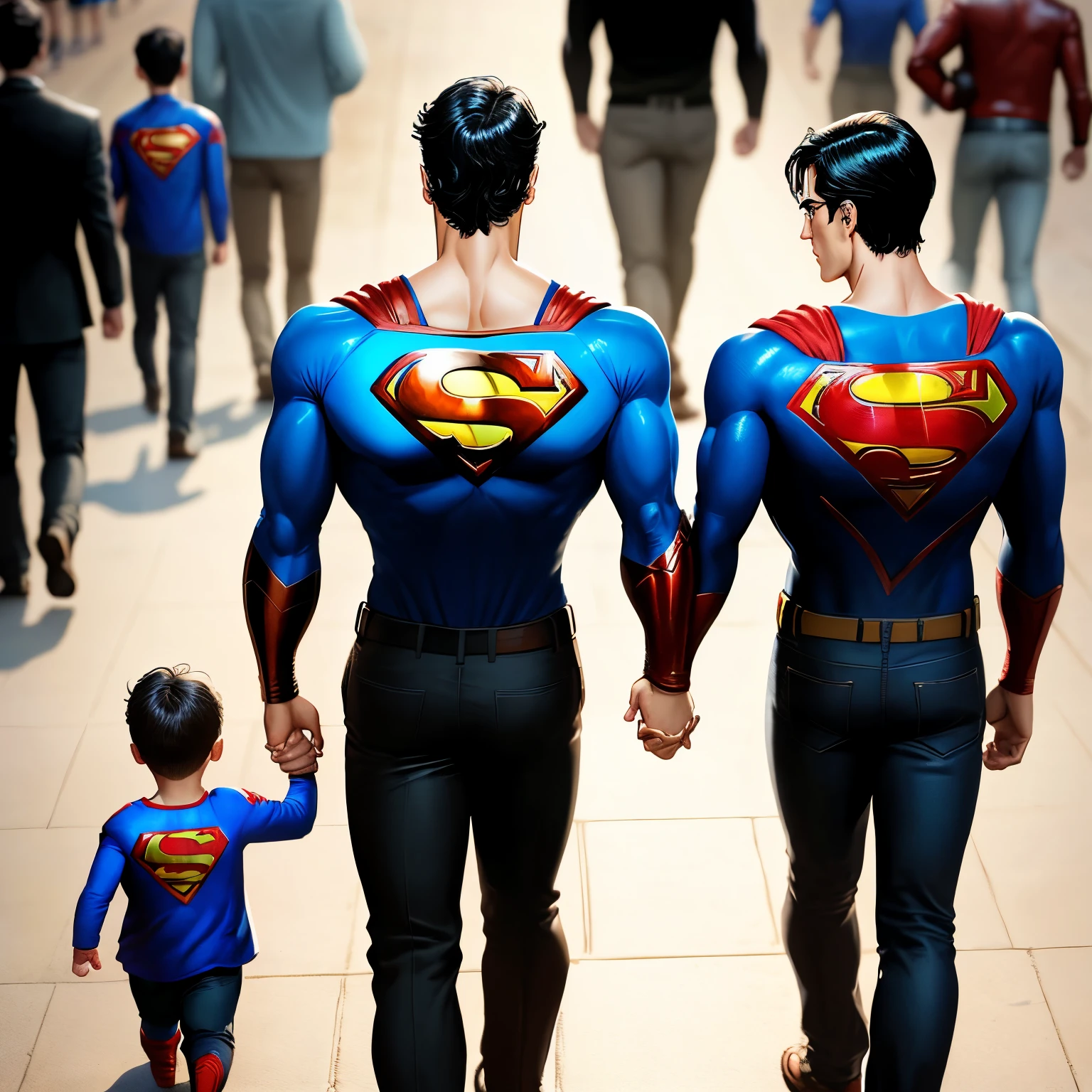 Make me a comic book, art style of superman, walking with his son, who is just a normal, ordinary ???, holding his sons hand. The pictures point of you will be using the backs of them walking away from the camera.