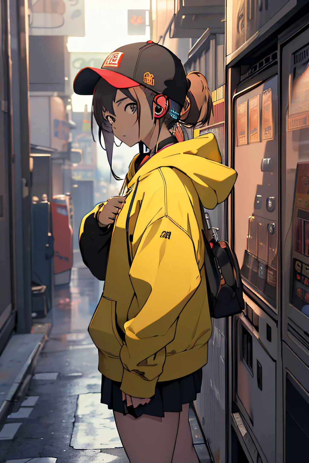 Shibuya, Back alley, vending machine on the background, wearing a hoodie on his head, From  above, (8K, Raw photo, Best Quality, masutepiece:1.2), A girl in her 20s with headphones around her neck