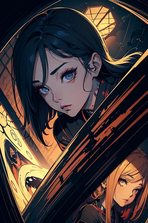 masterpiece, high resolution, ((Draft cartoon style)), ((wallpaper)), ((Diverse angles)), Comic Style Illustrations, (drawing style), Outline warm color, eerie, Woman with Japanese ghost, horror factor, (Distinctive hair style), (Creative accessories), (Personalized makeup), Fantasy Town, extra, 8k