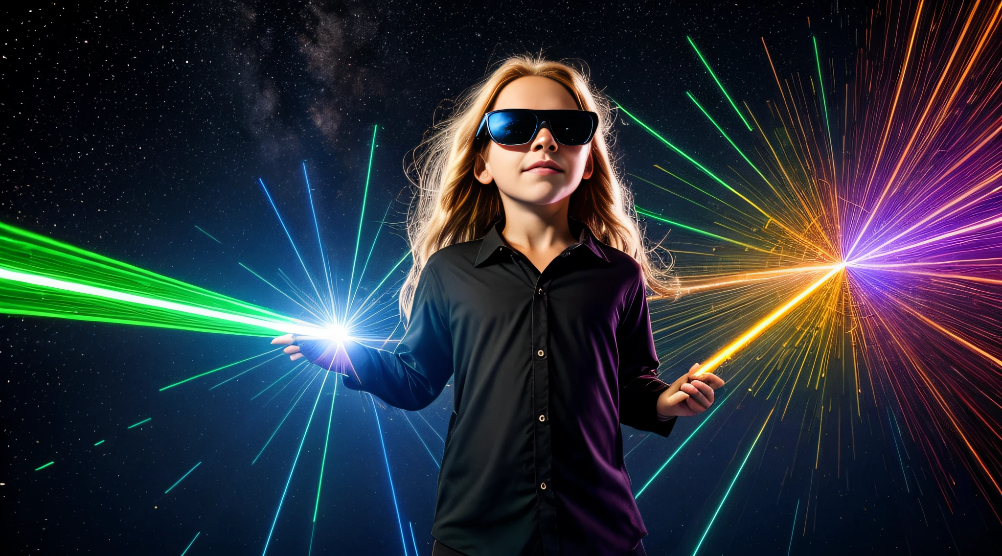 close-up CHILD BLONDE GIRL WITH VERY LONG HAIR, in a black blouse and sunglasses, a laser is being used to illuminate a circle, Rastreamento futurista de lasers, lasers brancos, dyson sphere in space, Lense Flares | |, Lazers, Flare FX optical lens, lasers brilhantes, lasers futuristas, Rastreamento futurista de lasers finos, disparo de Lasers, Foto de uma esfera de Dyson, feixes de laser, lasers para luzes, Neon Flare Lens