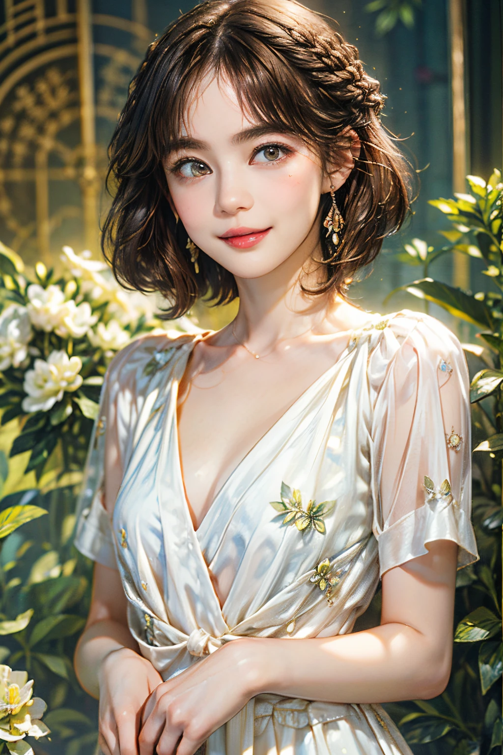 122
(a 20 yo woman,is standing), (A hyper-realistic), (high-level image quality), ((beautiful hairstyle 46)), ((short-hair:1.2)), (Gentle smile), (breasted:1.1), (lipsticks), (florals), (Luxurious room), (Depth of field is deep), (escher&#39;mysterious picture)