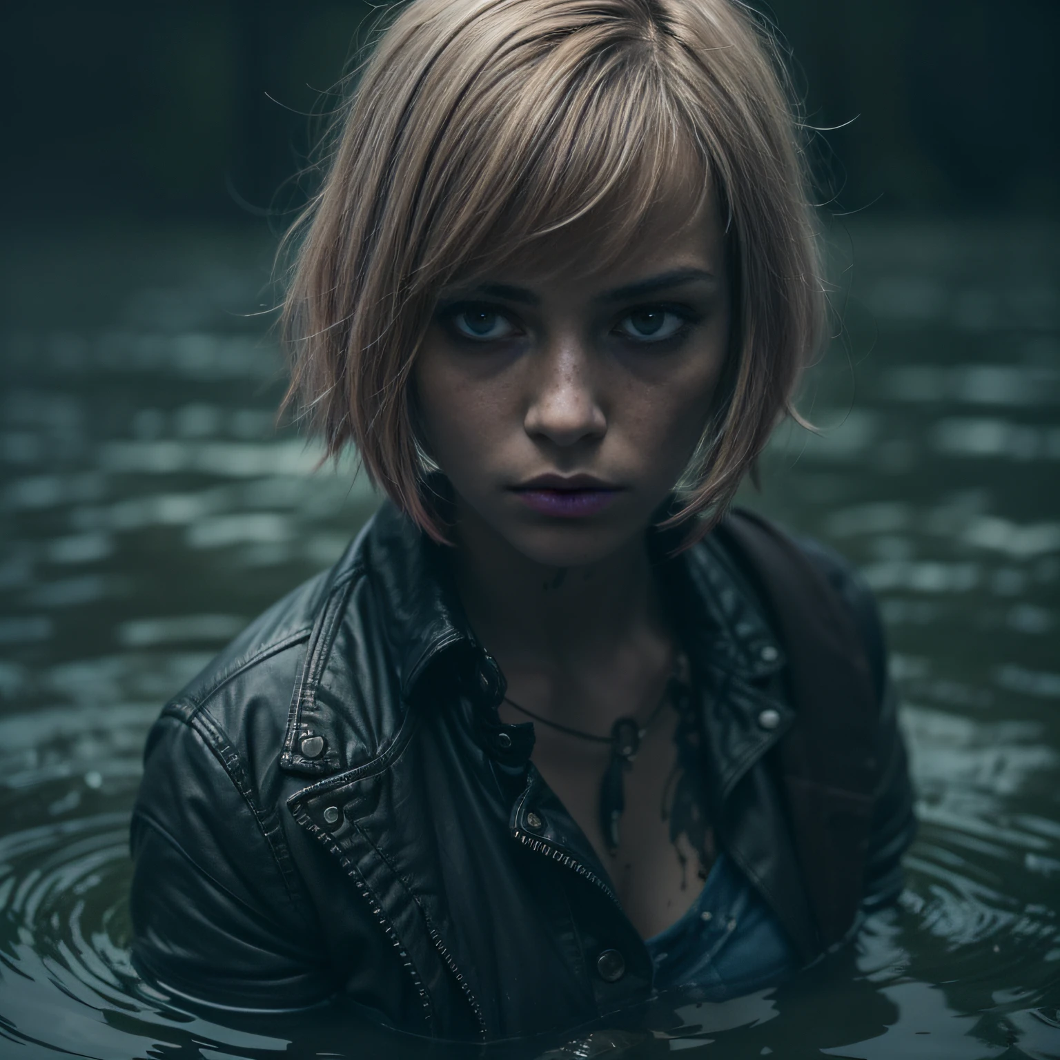 (Best Quality,hight resolution,Masterpiece, Overhead view:1.20),Ultra-detailed,Wide jeans,drowning in a swamp, fetish,gloomy ecstasy,fetish,dark gloomy atmosphere,gritty texture,melancholic expression on his face,mysterious aura,foggy background,Subtle color palette,provocative pose,Strong emotions,Coming Out of the Depths of Despair,Piercing gaze,intense shadows,Plunged in Darkness,Rugged terrain,ominous vibe,A supernatural sensation,asymmetrical bangs, freckles, pink short hair, Bangs, freckles, gray eyes, A  girl